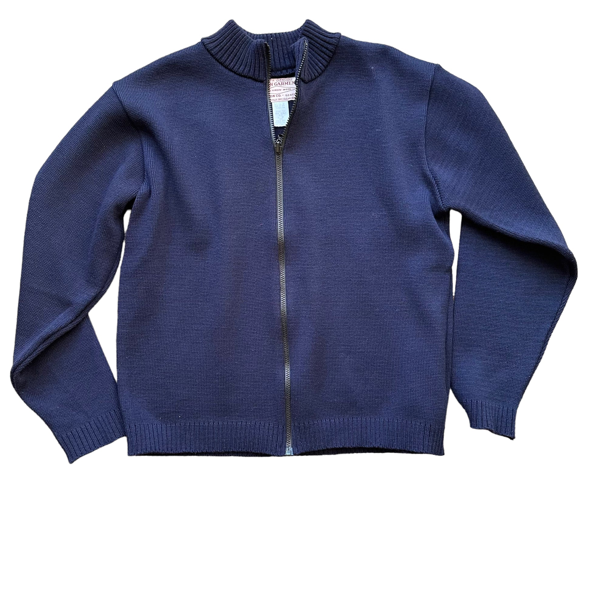 Front View of Filson Style 717 Navy Blue Zip Up Cardigan SZ L |  Barn Owl Vintage Goods | Vintage Workwear Seattle