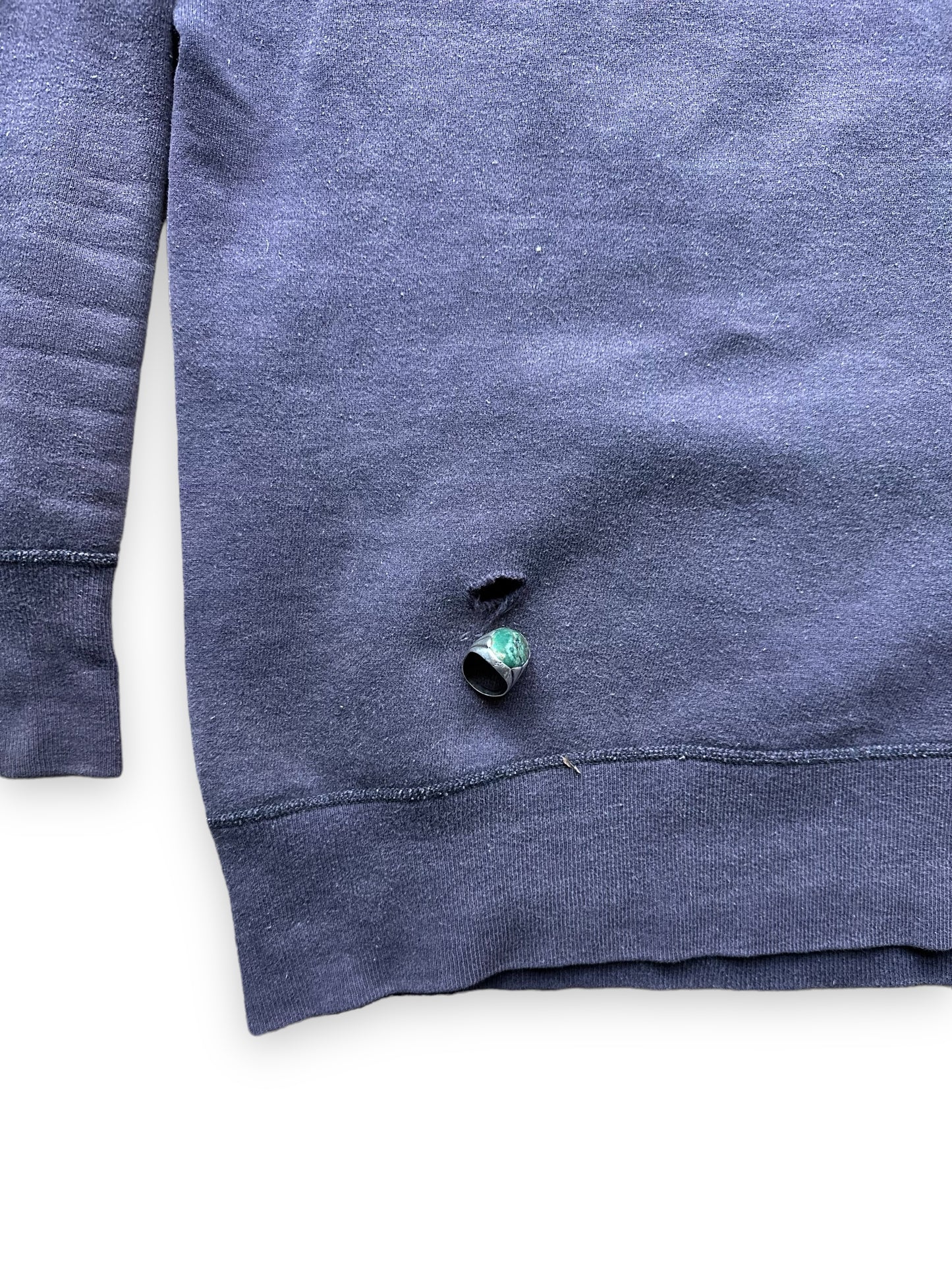 Small Hole on Back of Vintage Original Flocked Seattle World's Fair 1962 Navy Blue Crewneck | Vintage Sweatshirts Seattle | Barn Owl Vintage