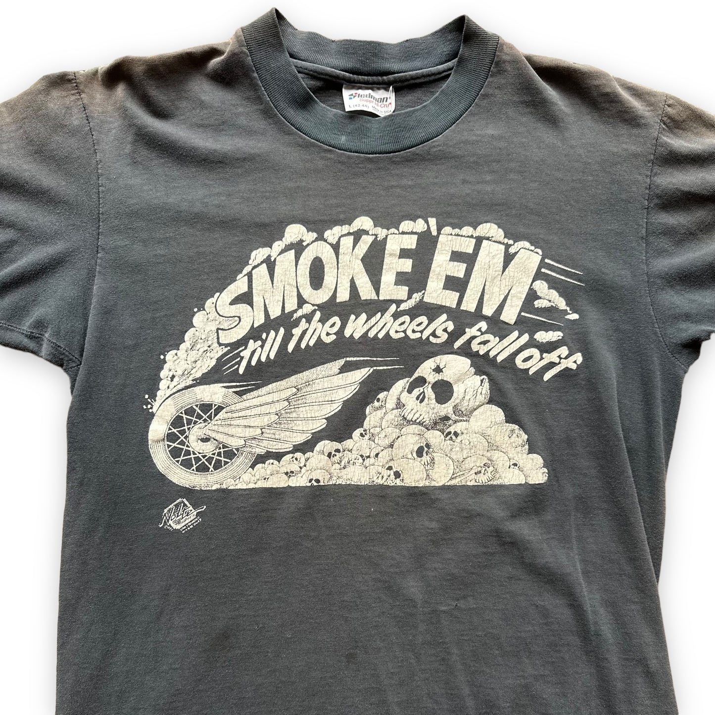 Front Detail on Vintage 1981 Smoke Em Til The Wheels Fall Off Harley Davidson TShirt SZ L | Vintage Harley Tee | Barn Owl Vintage Seattle