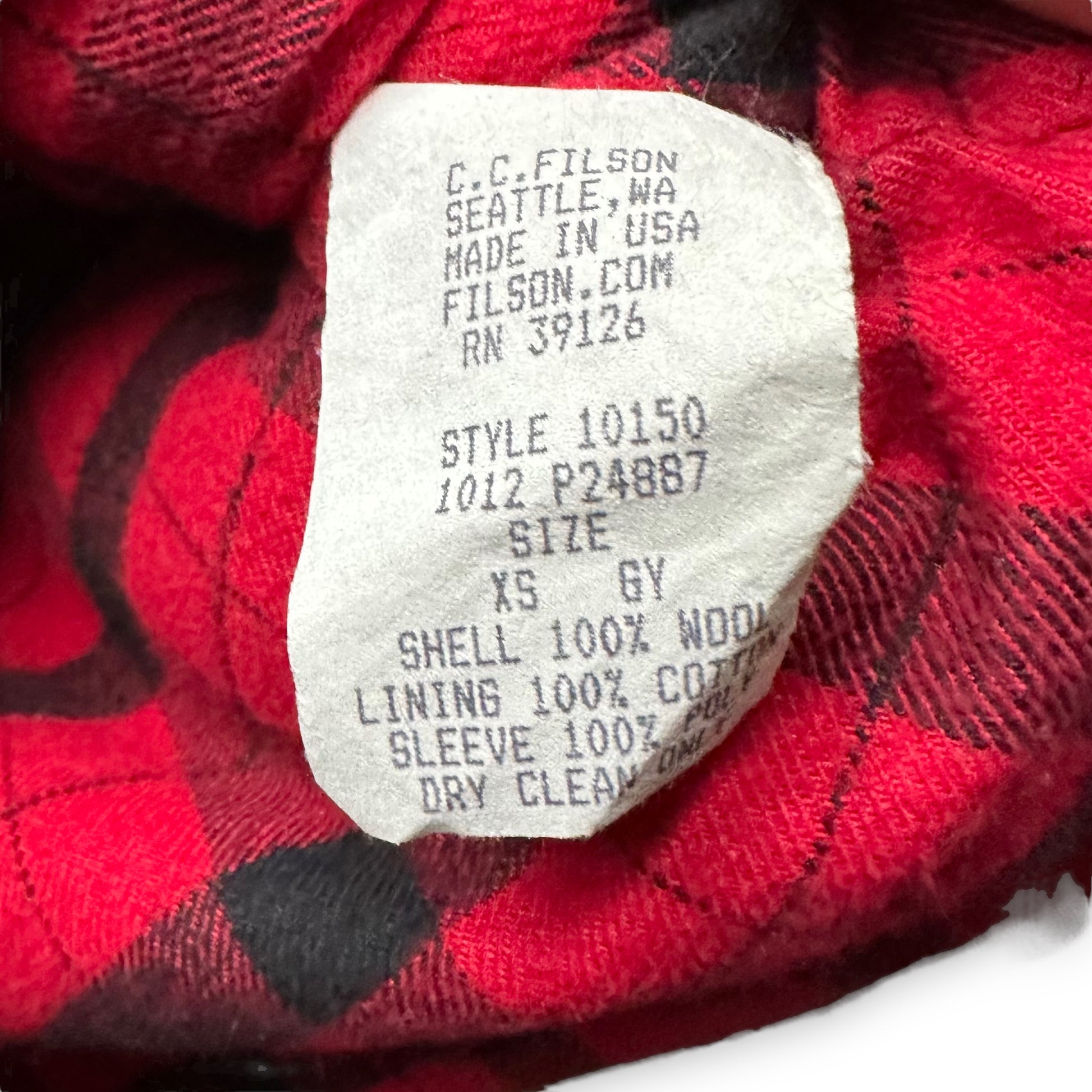 Production Tag View on Filson Black and Grey Mackinaw Wool Cruiser SZ XS |  Filson Jackets Seattle | Barn Owl Vintage
