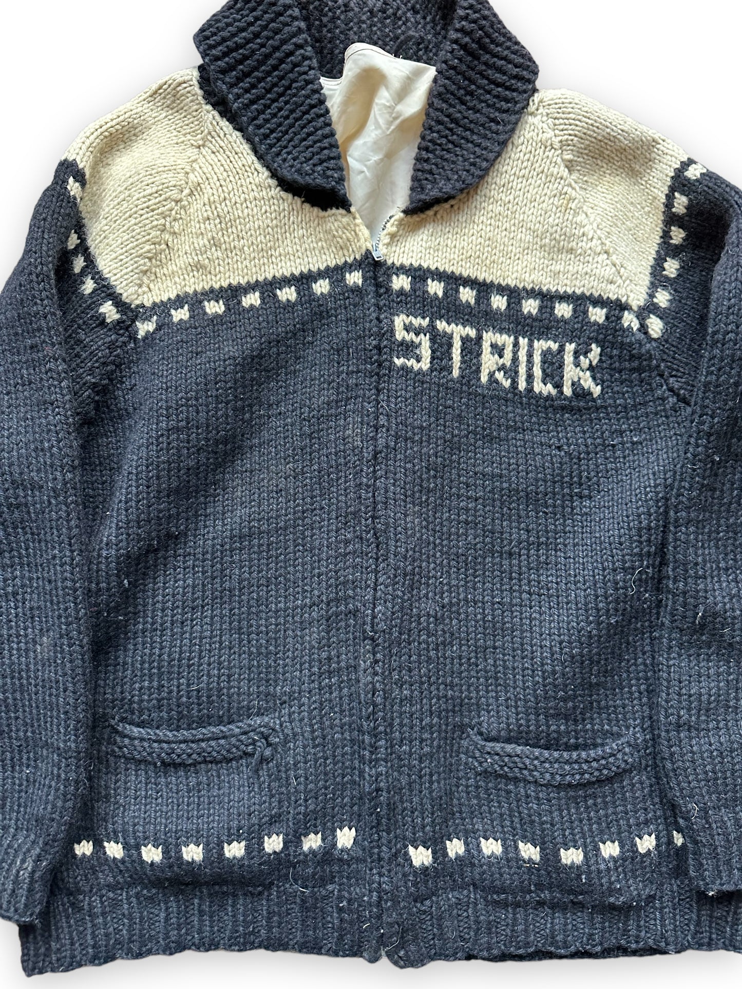 Front Detail on Vintage Trucker Wool Cowichan SZ XL | Vintage Cowichan Sweaters Seattle | Barn Owl Vintage Seattle