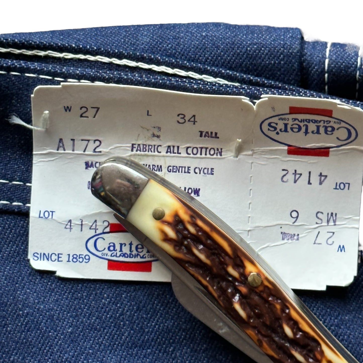 Tag Close Up View on Deadstock Vintage Carter's Carpenter Jeans W27 L34 | Vintage Workwear Seattle | Barn Owl Vintage Clothing