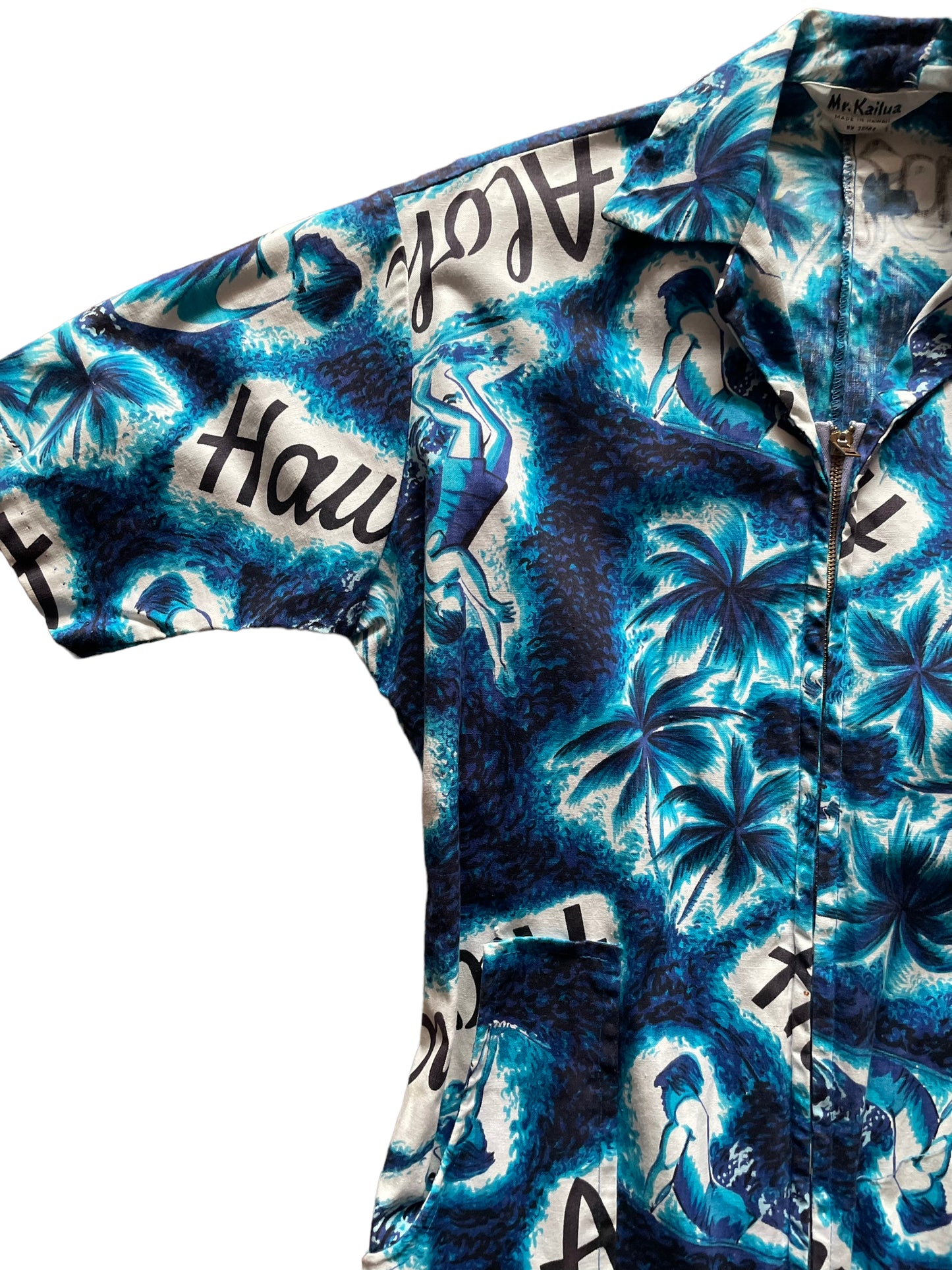 Top right side view of Vintage 1950s Mr. Kailua Hawaiian Jumpsuit SZ M-L