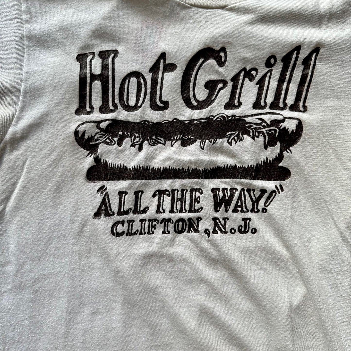 Graphic Detail on Vintage Hot Grill "All The Way" Clifton NJ Hot Dog Tee SZ M | Vintage Single Stitch T-Shirt | Barn Owl Vintage Seattle