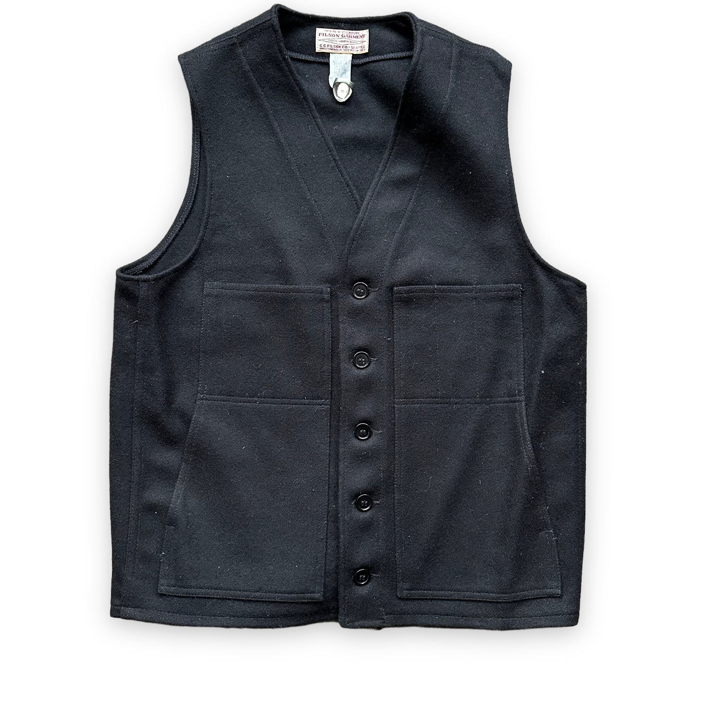 Front View of Filson Black Mackinaw Wool Vest SZ 40 Extra Long |  Barn Owl Vintage Goods | Vintage Filson Workwear Seattle