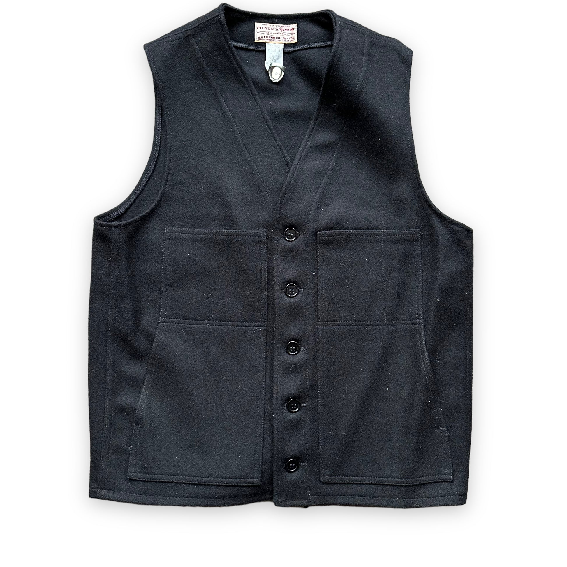 Front View of Filson Black Mackinaw Wool Vest SZ 40 Extra Long |  Barn Owl Vintage Goods | Vintage Filson Workwear Seattle