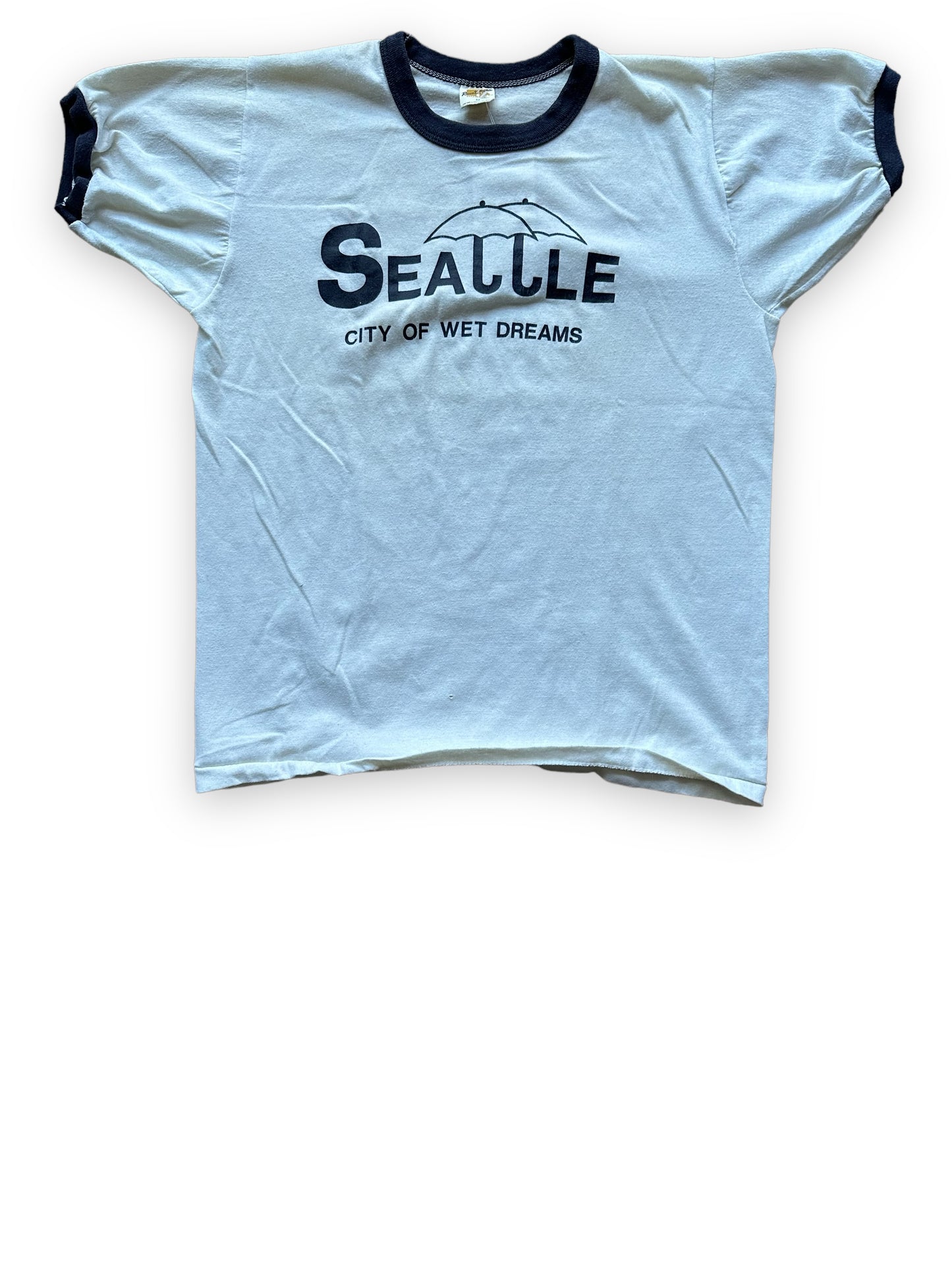 Front View of Vintage Seattle City of Wet Dreams Ringer Tee SZ M | Vintage Russell Athletic T Shirt | Barn Owl Vintage Seattle