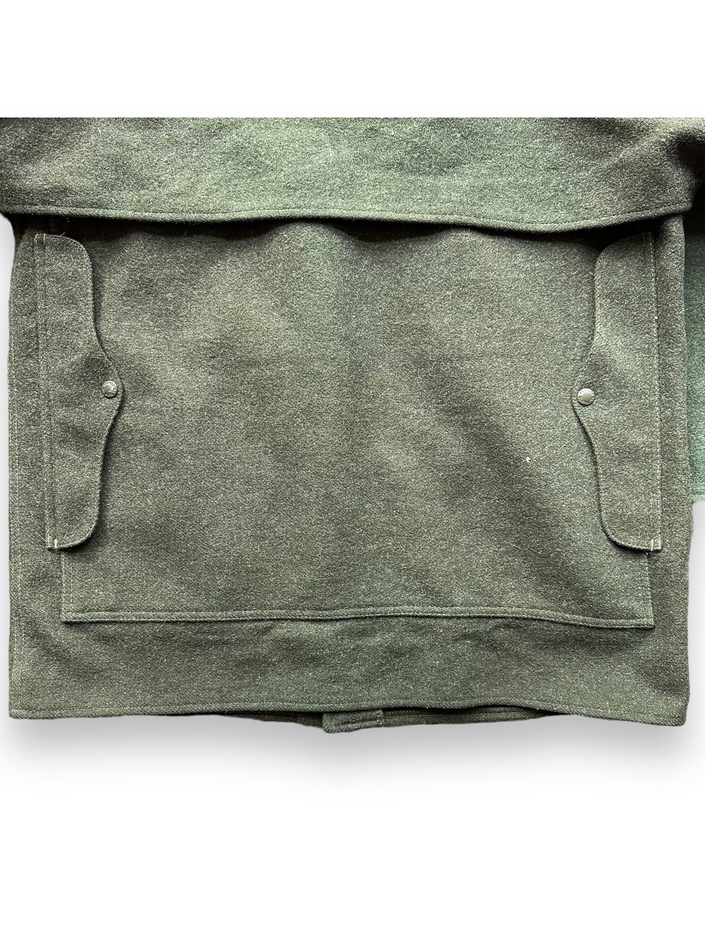 Lower Pocket View of Vintage Filson Forest Green Double Mackinaw Cruiser SZ 46 XL | Barn Owl Vintage Goods | Vintage Workwear Seattle