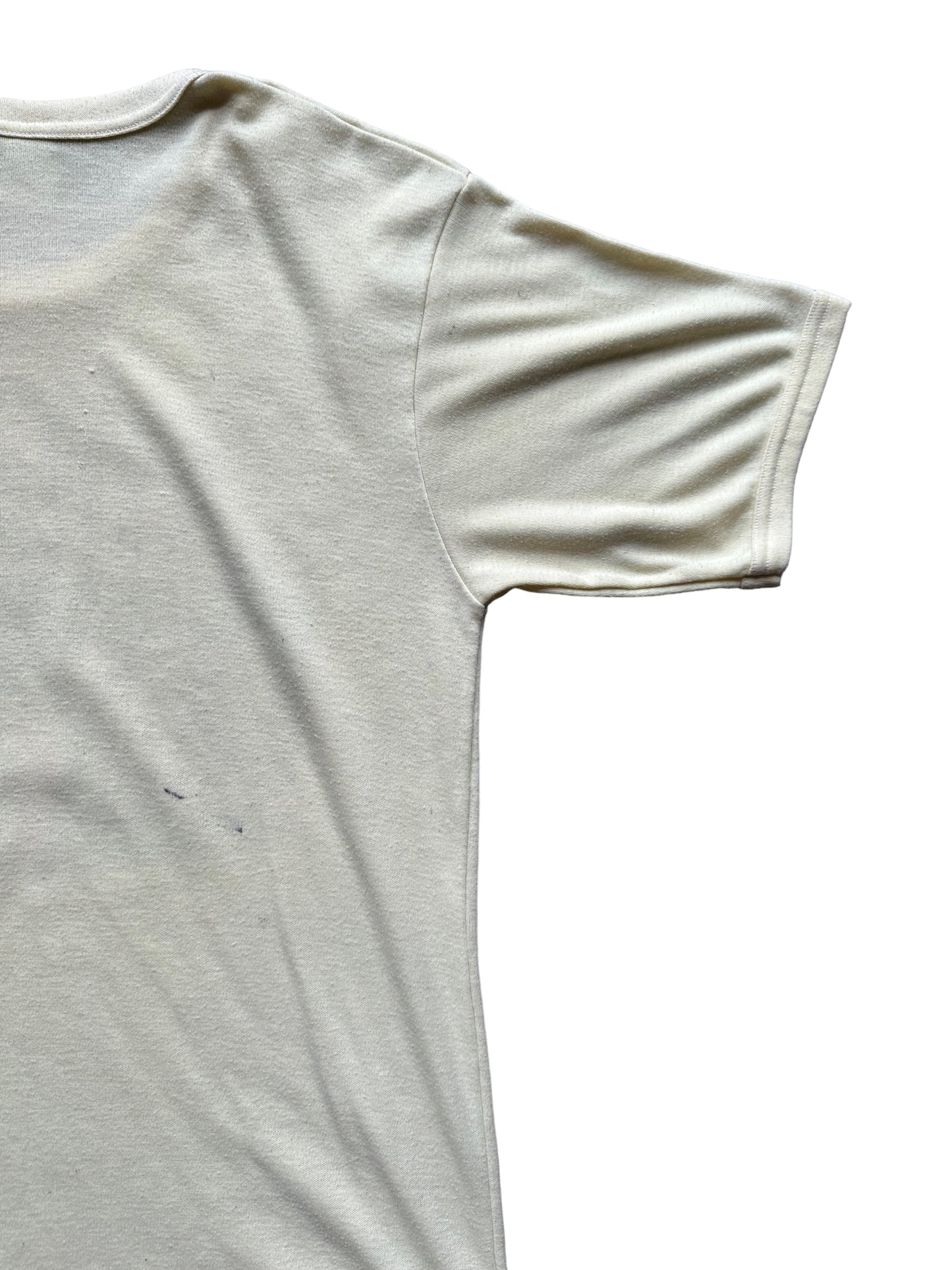 Rear Right View of Vintage Bula Fiji Yellow Graphic Tee SZ L | Vintage T-Shirts Seattle | Barn Owl Vintage Tees Seattle