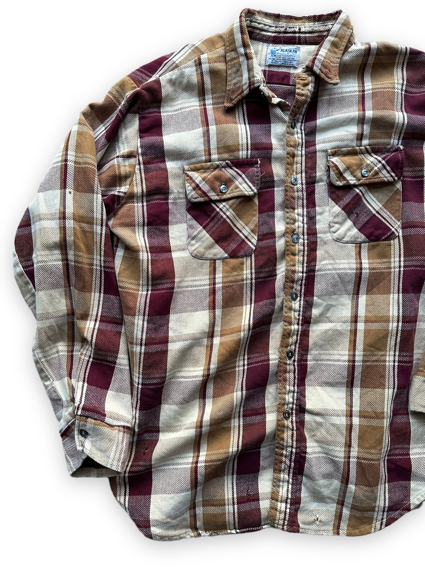 Front Right View of Vintage Maroon & Brown Alaskan Cotton Flannel SZ XXL Tall | Vintage Cotton Flannel Seattle | Barn Owl Vintage Seattle