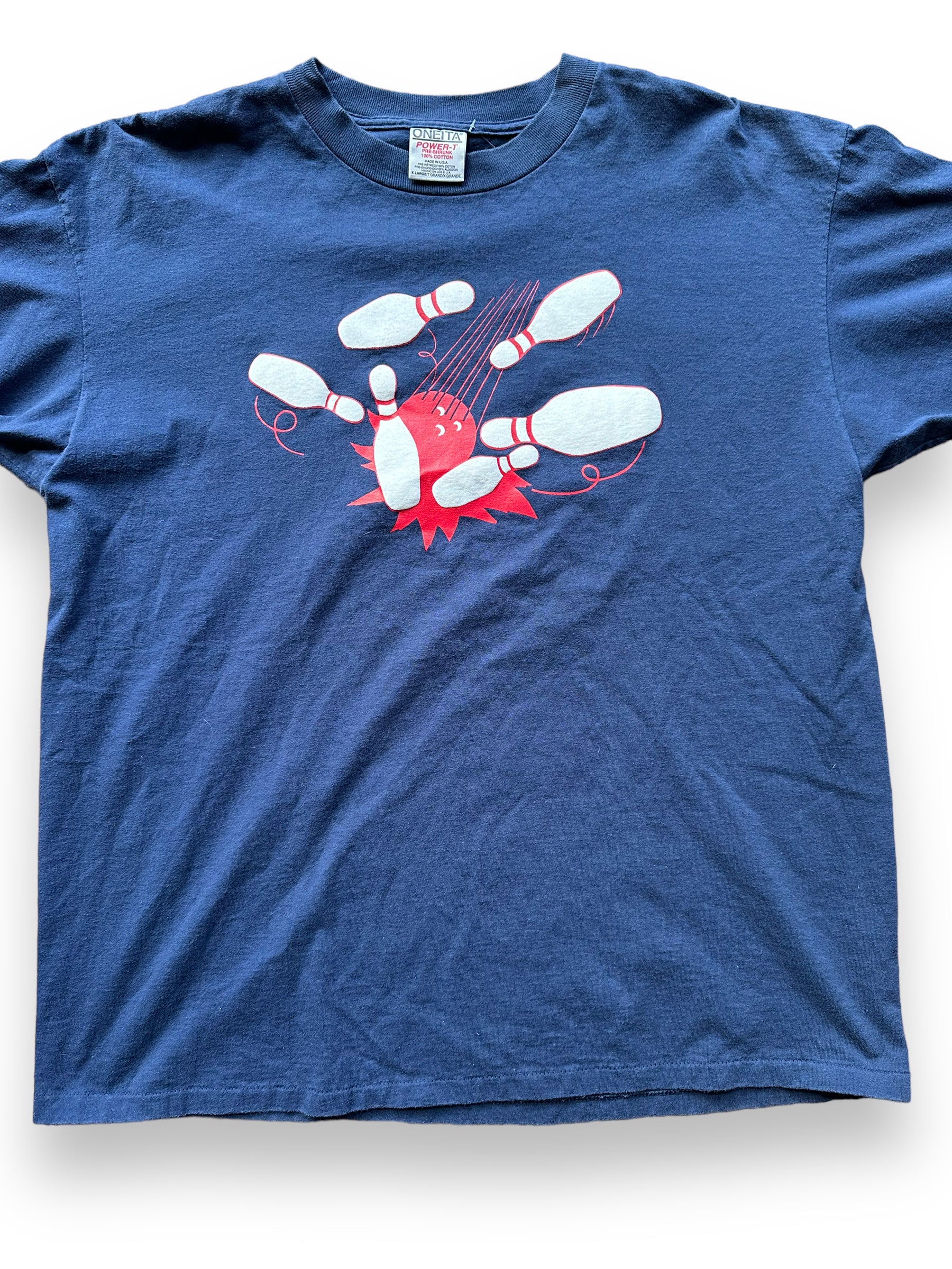 Front Detail on Vintage Bowling Tee SZ XL | Vintage Single Stitch T-Shirts Seattle | Barn Owl Vintage Tees Seattle