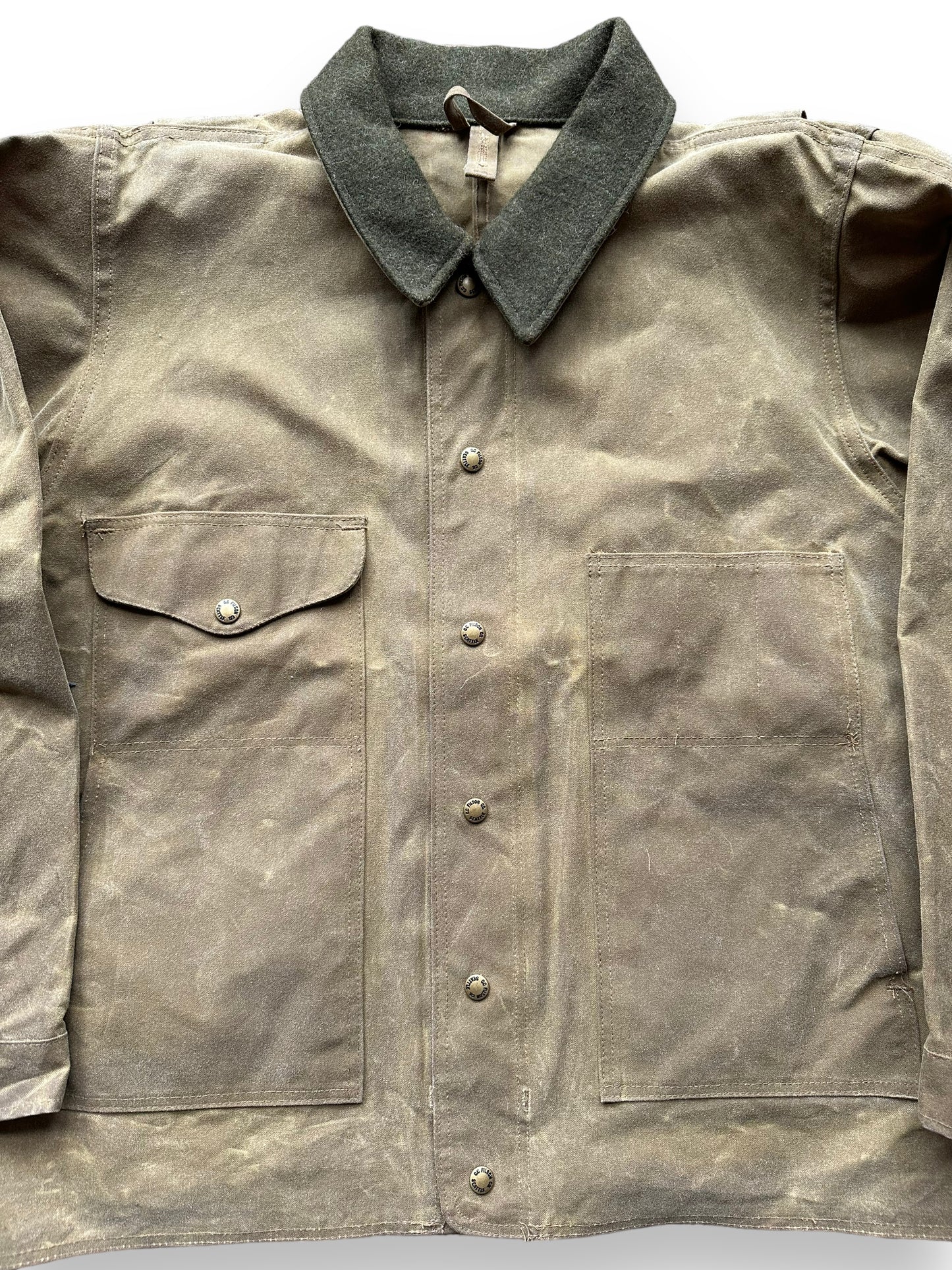 Front Close Up Detail on Filson Tin Cloth Jacket SZ XL | Barn Owl Vintage Goods | Filson Workwear Seattle
