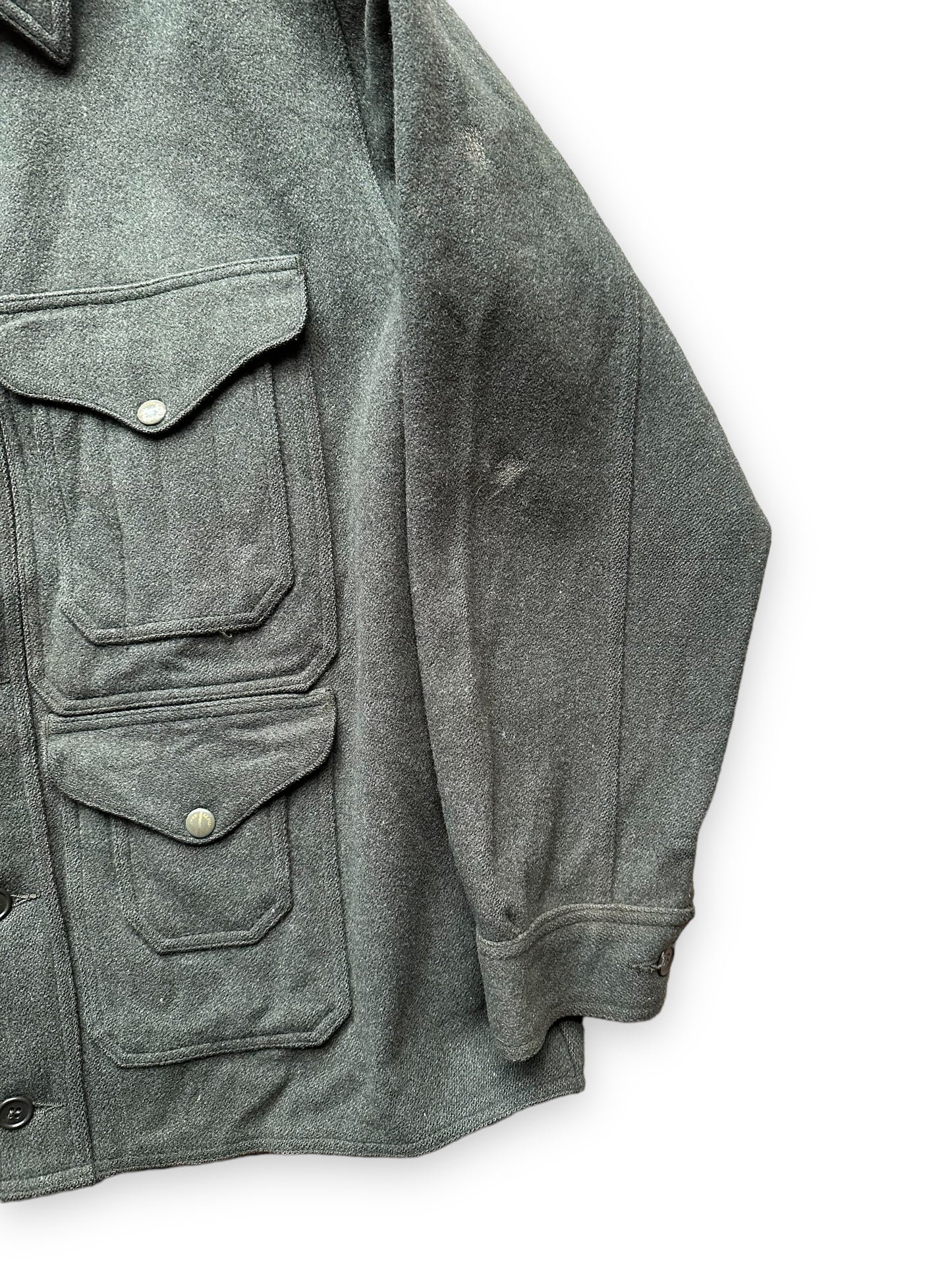 Alternate Left Sleeve View on Vintage Filson Union Made Era Forest Green Mackinaw Cruiser SZ 46 | Barn Owl Vintage Goods | Vintage Workwear Seattle