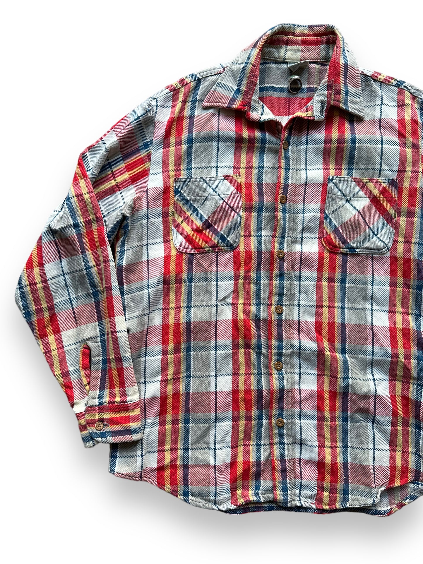 Front Right View of Vintage Grey, Red, Yellow & Blue Big Mac Cotton Flannel SZ L Tall | Vintage Cotton Flannel Seattle | Barn Owl Vintage Seattle