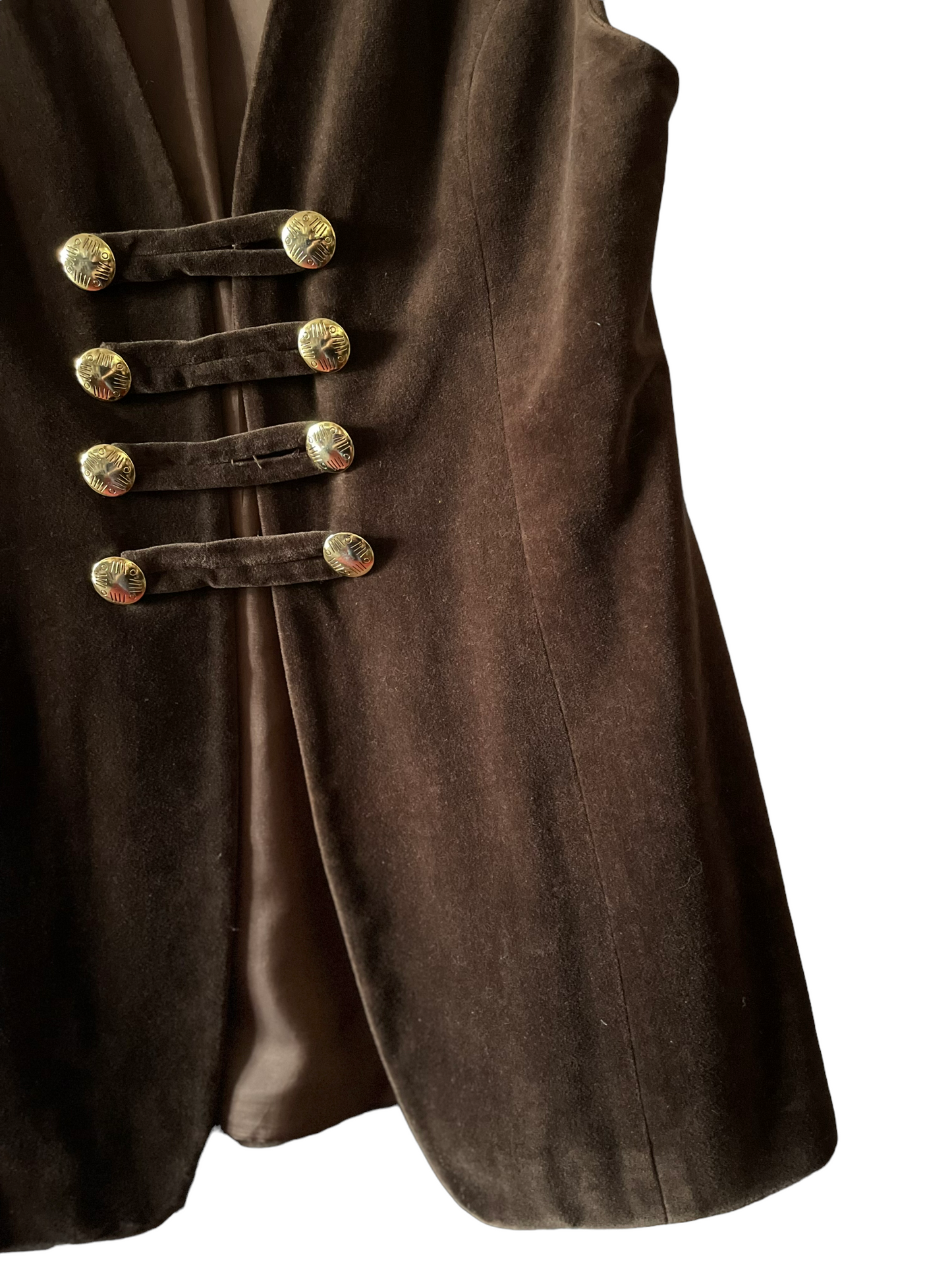 Lower front left side view of Vintage 1960s Brown Velvet Vest | Barn Owl Seattle | Vintage 1960s Velvet Vests