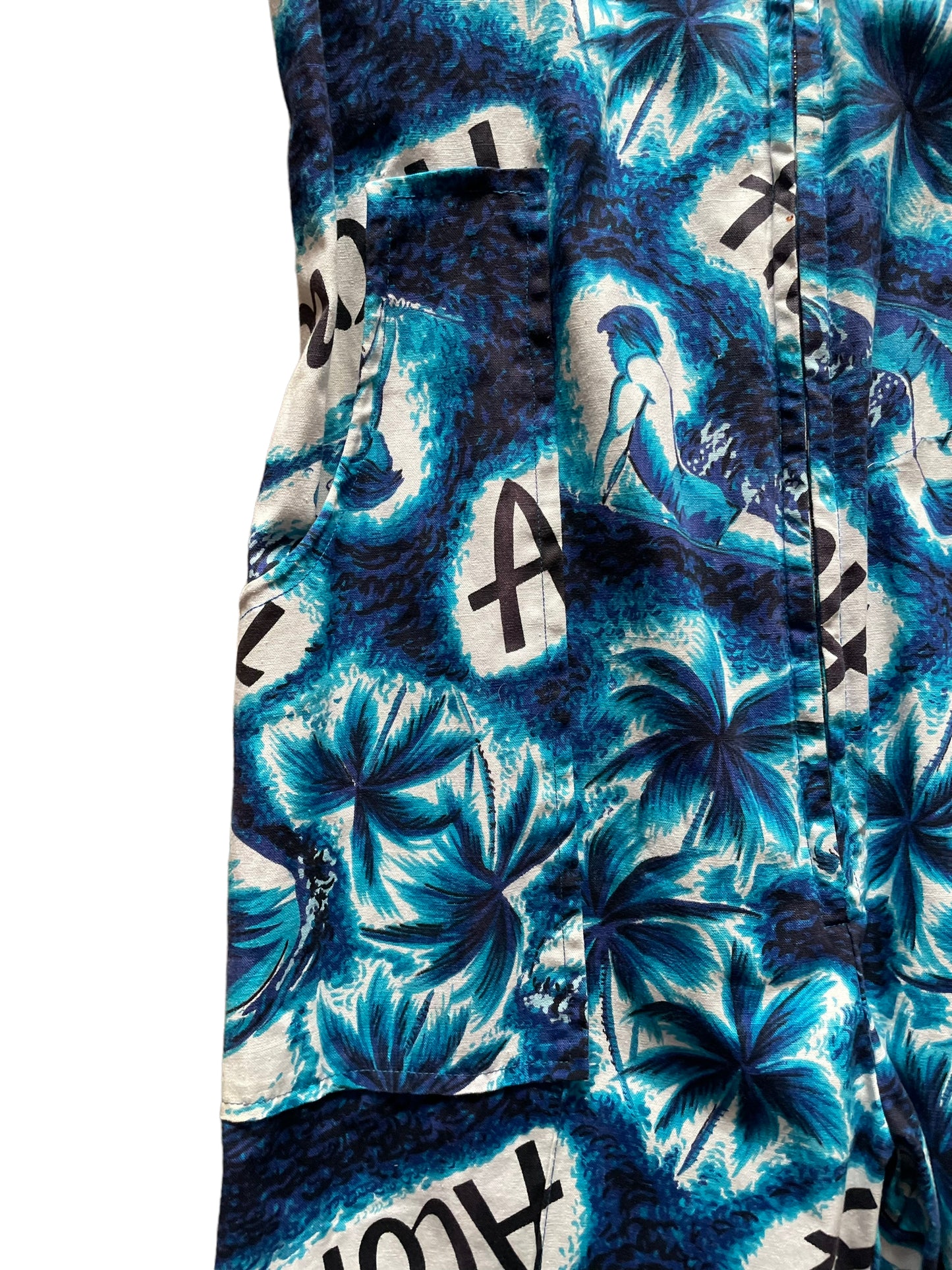 Right front pocket view of Vintage 1950s Mr. Kailua Hawaiian Jumpsuit SZ M-L