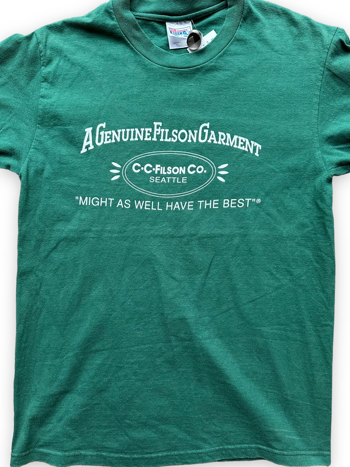 Front Detail on Green Filson Cotton Tee SZ M | Barn Owl Vintage Goods | Vintage Workwear Seattle