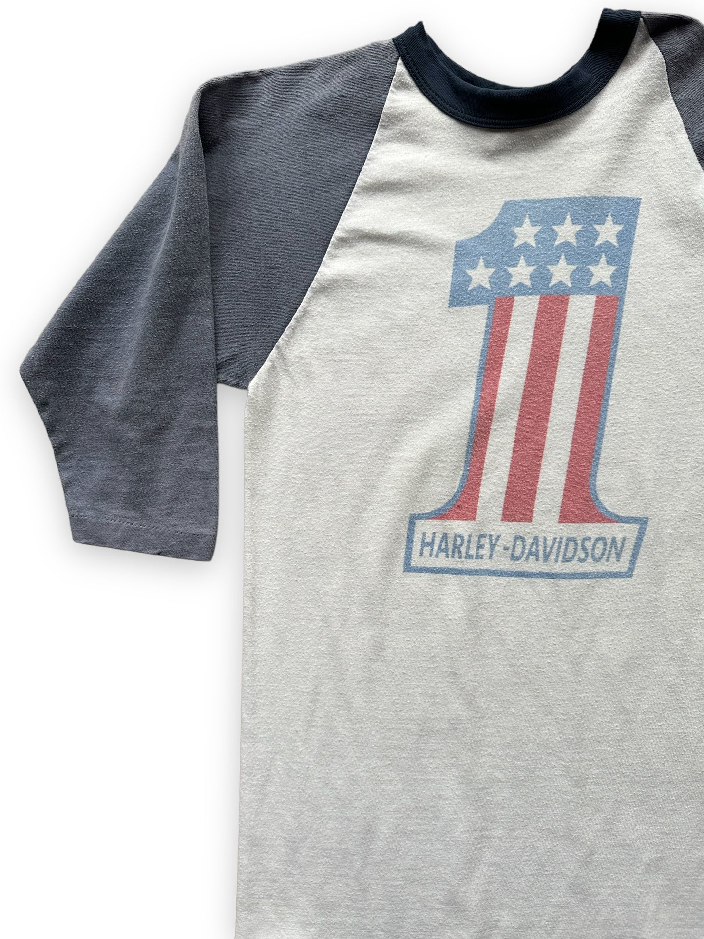 Front Right View on Vintage 1970s/80s Harley Davidson #1 Raglan Shirt SZ M | Vintage Harley Raglan Tee | Barn Owl Vintage Seattle