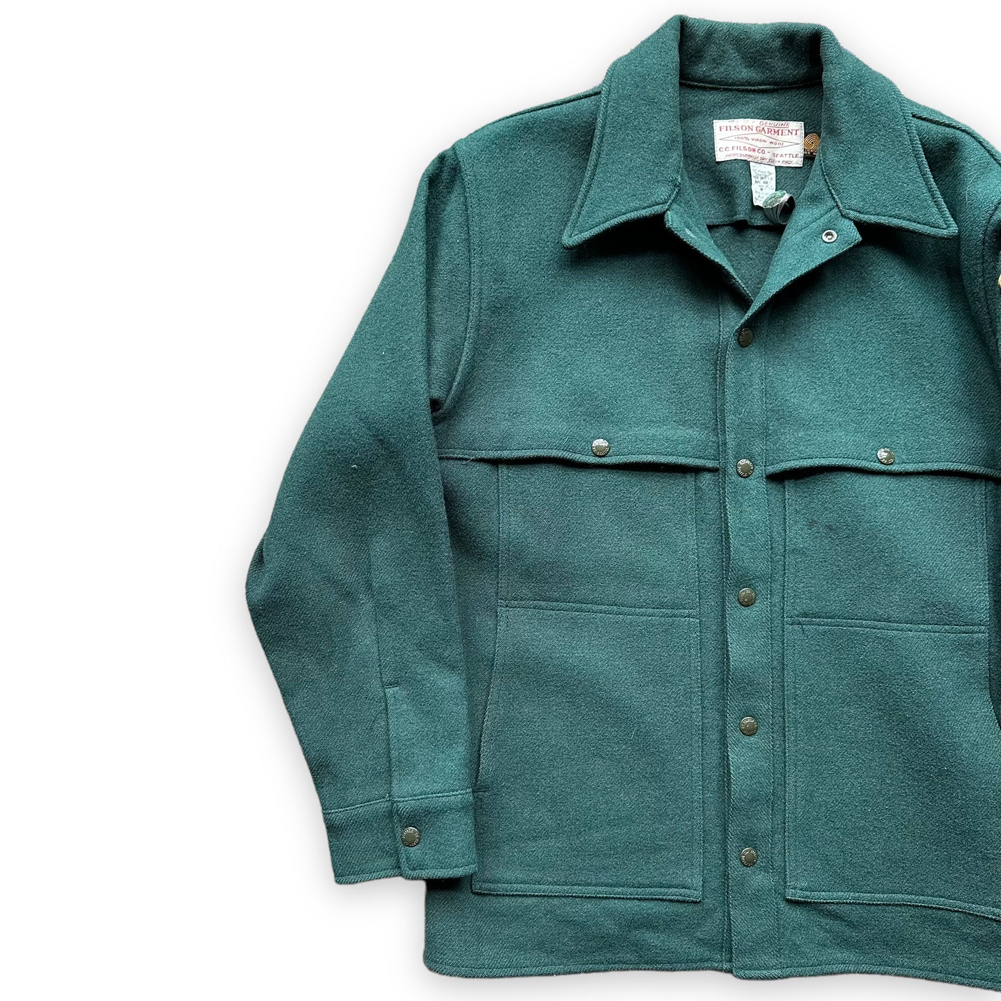 Front Right View of Vintage Filson USFS Green Cape Coat SZ M XLong | Vintage Filson Forestry Cape Coat | Vintage Workwear Seattle