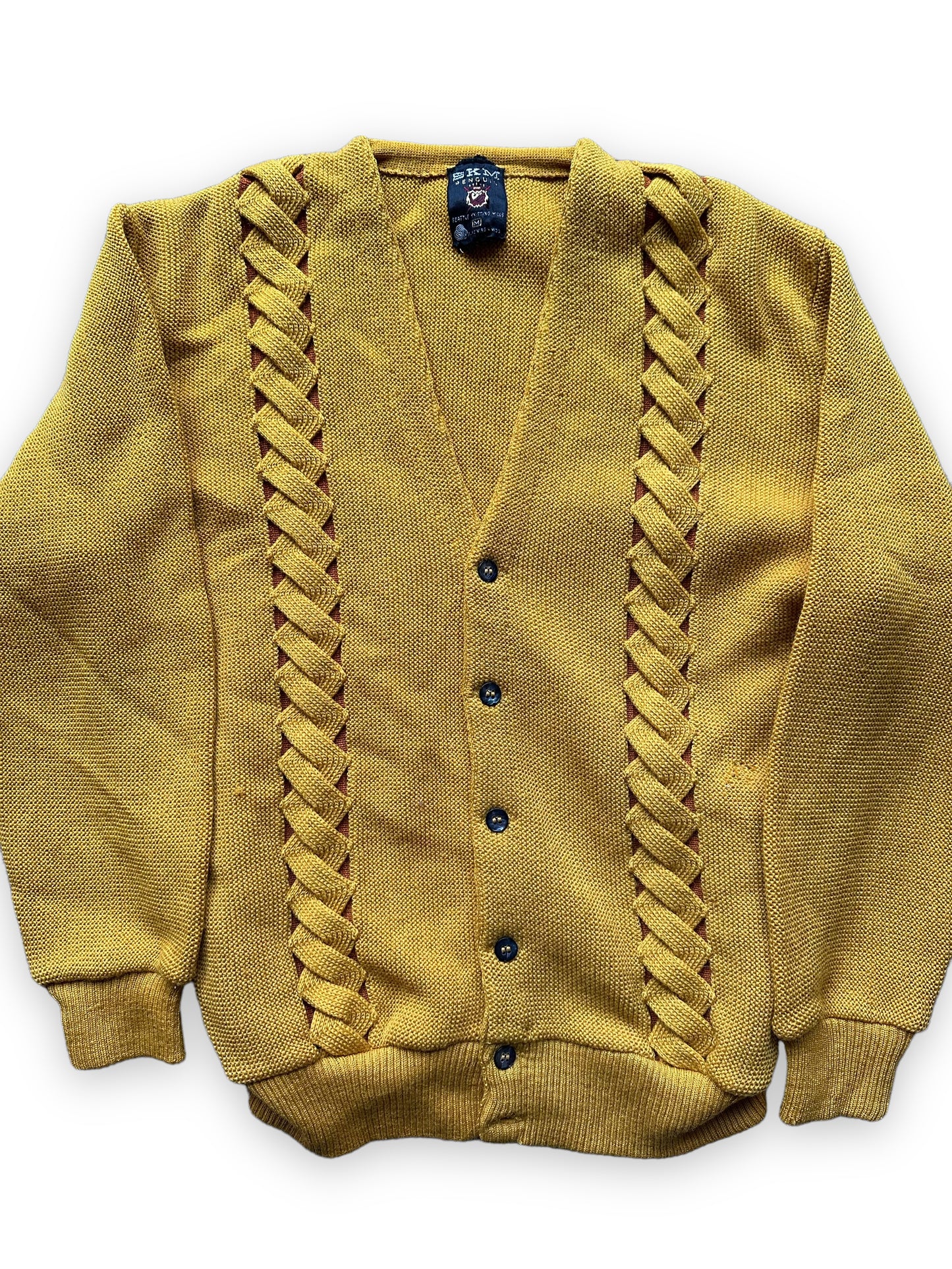 Front Flat Detail on Vintage Seattle Knitting Mills Golden Double Helix Wool Sweater SZ M | Vintage Cardigan Sweaters Seattle | Barn Owl Vintage Seattle