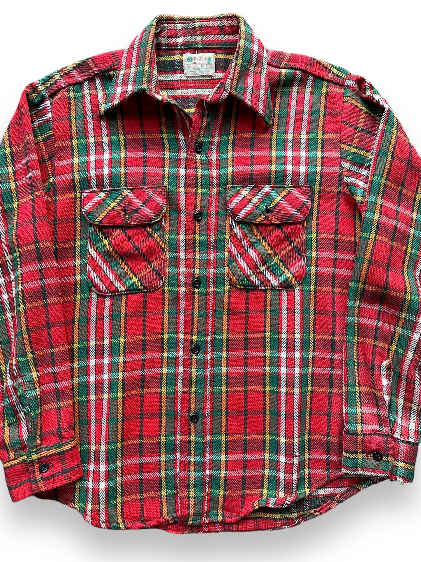 Front View Close Up of Vintage 5 Brothers Red and Green Cotton Flannel SZ M | Vintage Cotton Flannel Seattle | Barn Owl Vintage Seattle