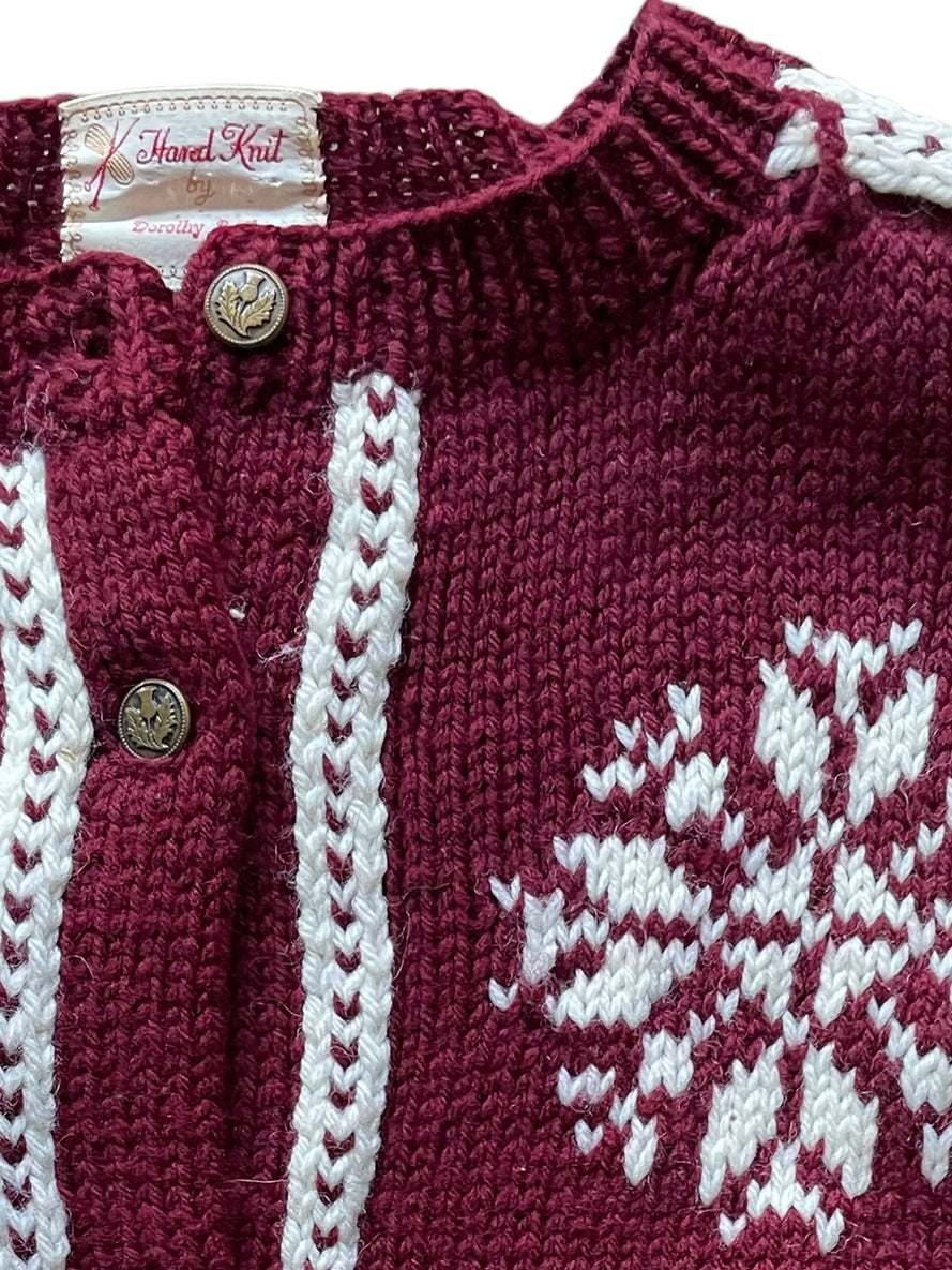 1960s handknit snowflake sweater cardigan front close up. barn owl vintage seattle tru vintage