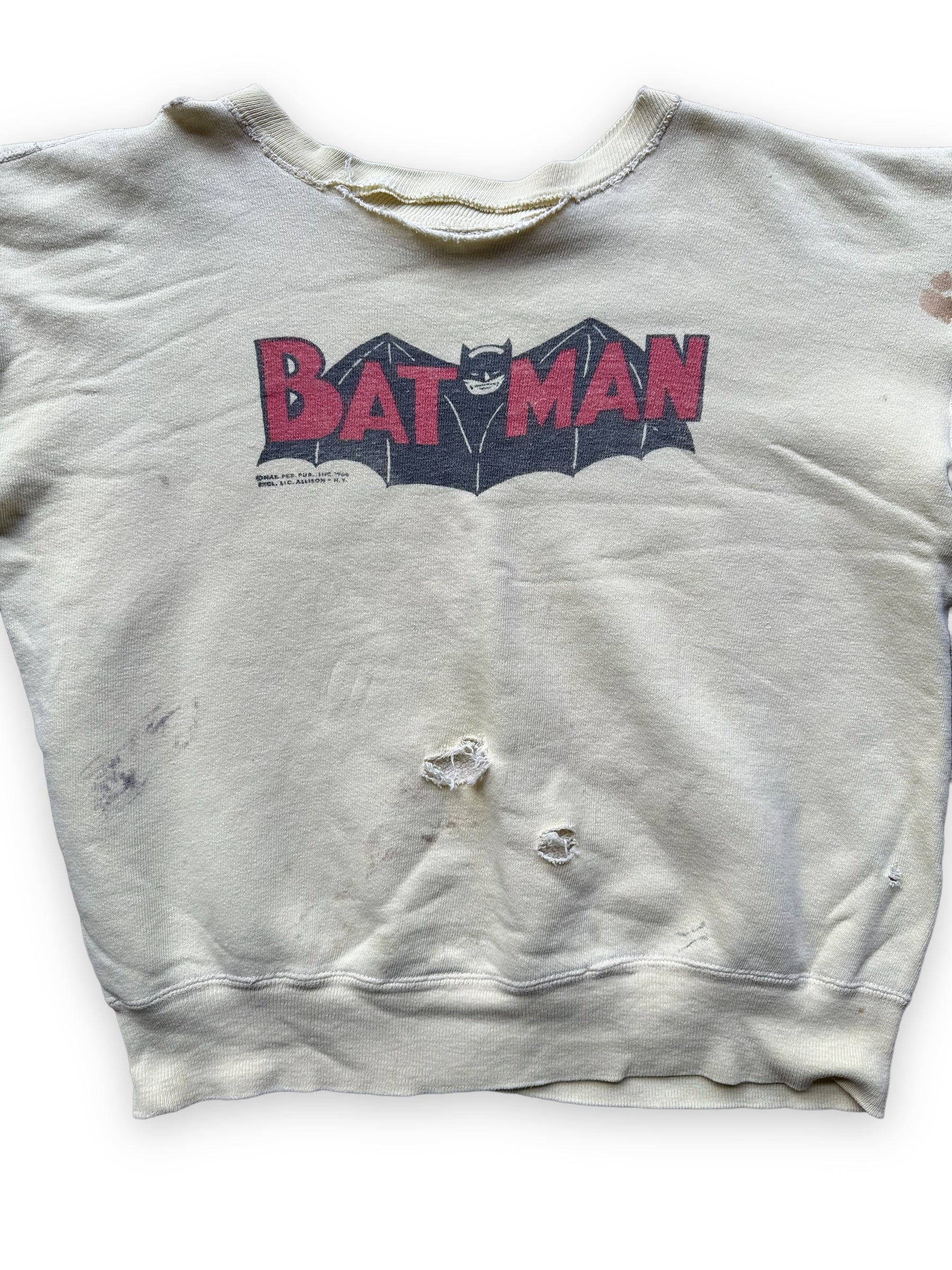 Front Detail on Vintage 1960s Yellow Batman Sweatshirt SZ M | Vintage Crewneck Sweatshirts Seattle | Barn Owl Vintage Seattle