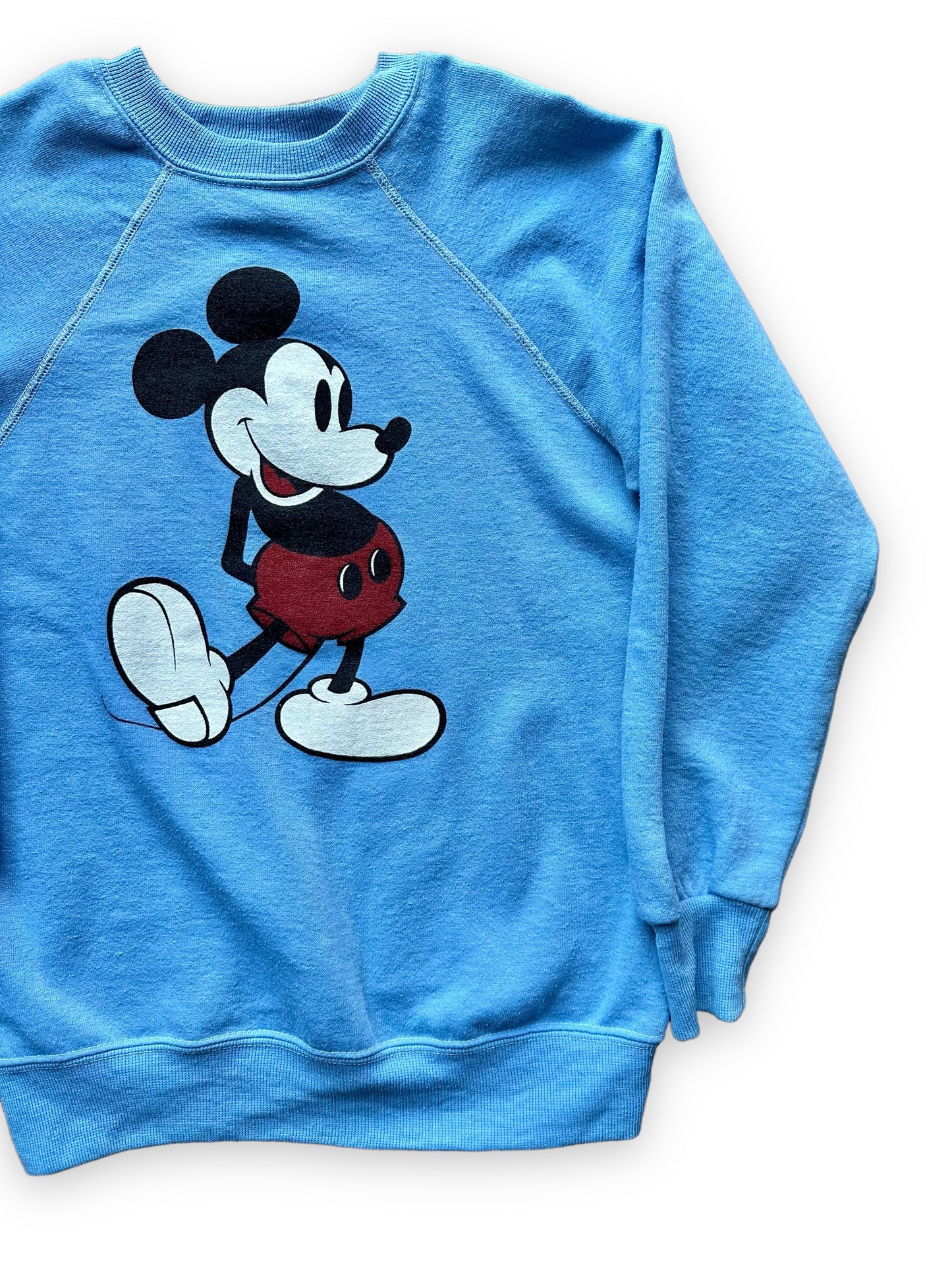 Front Left View of Vintage Disney Mickey Mouse Light Blue Sweatshirt SZ S | Vintage Crewneck Sweatshirt Seattle | Barn Owl Vintage Seattle