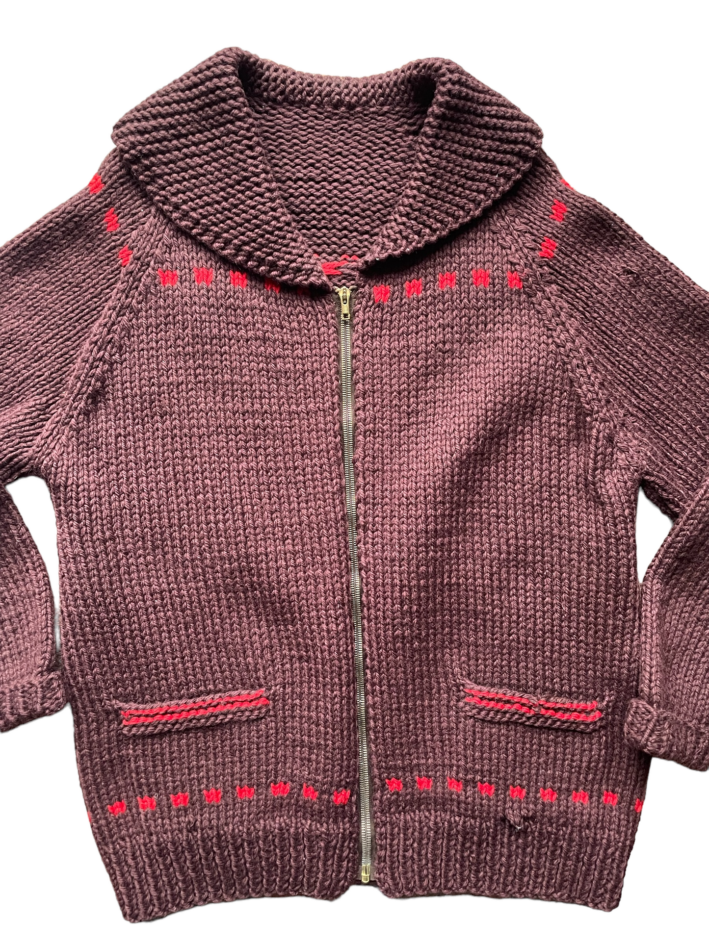 Front view of vintage brown cowichan style sweater. Seattle vintage clothing.