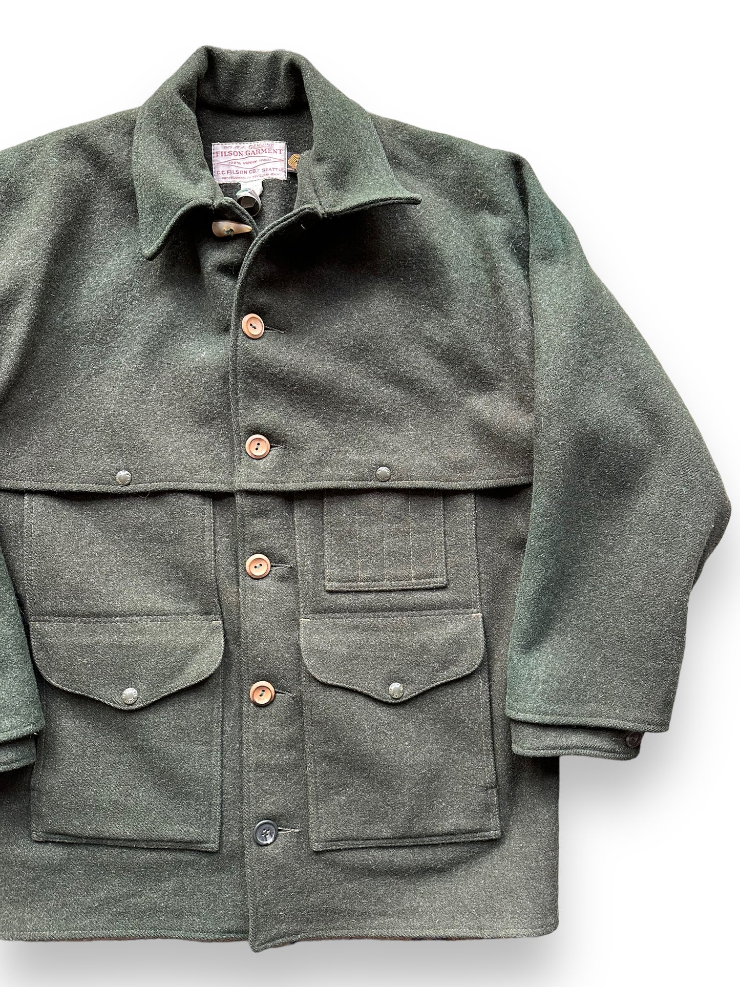 Front Left View of Vintage Filson Forest Green Double Mackinaw Cruiser SZ 46 XL | Barn Owl Vintage Goods | Vintage Workwear Seattle