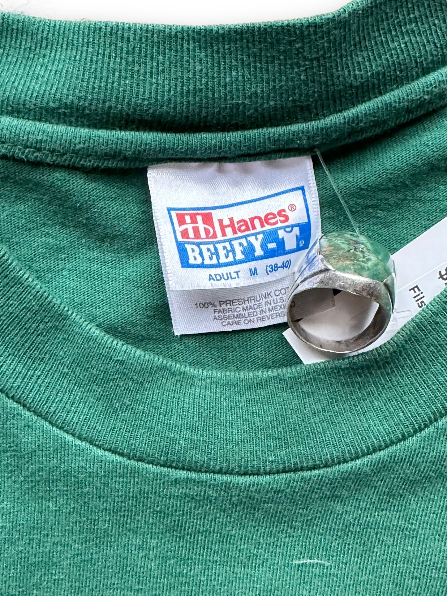 Tag View on Green Filson Cotton Tee SZ M | Barn Owl Vintage Goods | Vintage Workwear Seattle