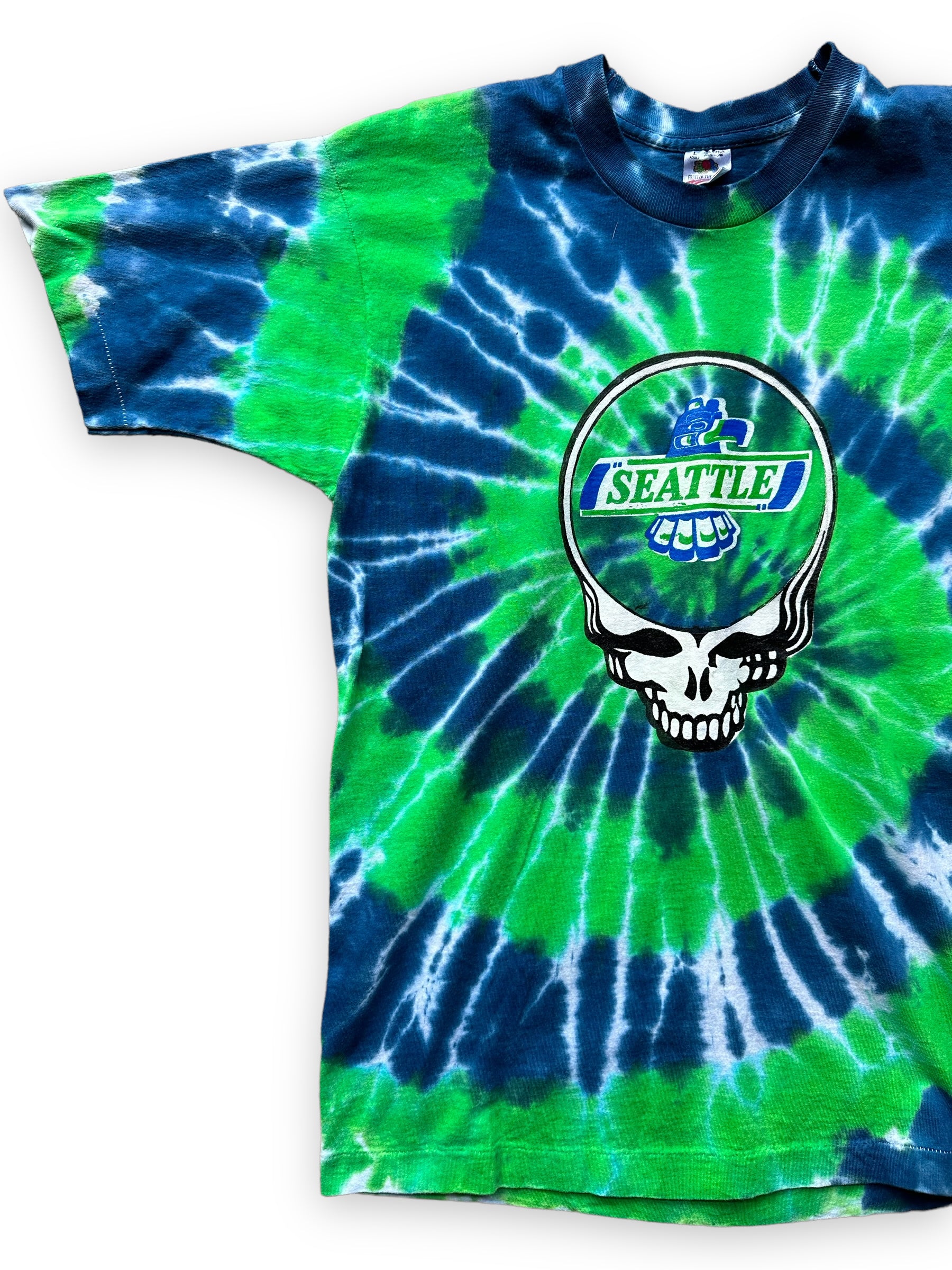 Front Right View of Vintage Grateful Dead Seattle Thunderbirds Tie Dye Tour Tee SZ L  |  Vintage Grateful Dead Tee Seattle | Barn Owl Vintage