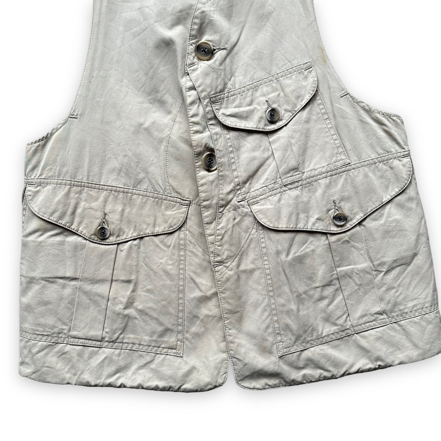 Lower Front View of Filson Half Moon Vest With Leather Additions SZ M |  Vintage Filson Seattle | Barn Owl Vintage Seattle