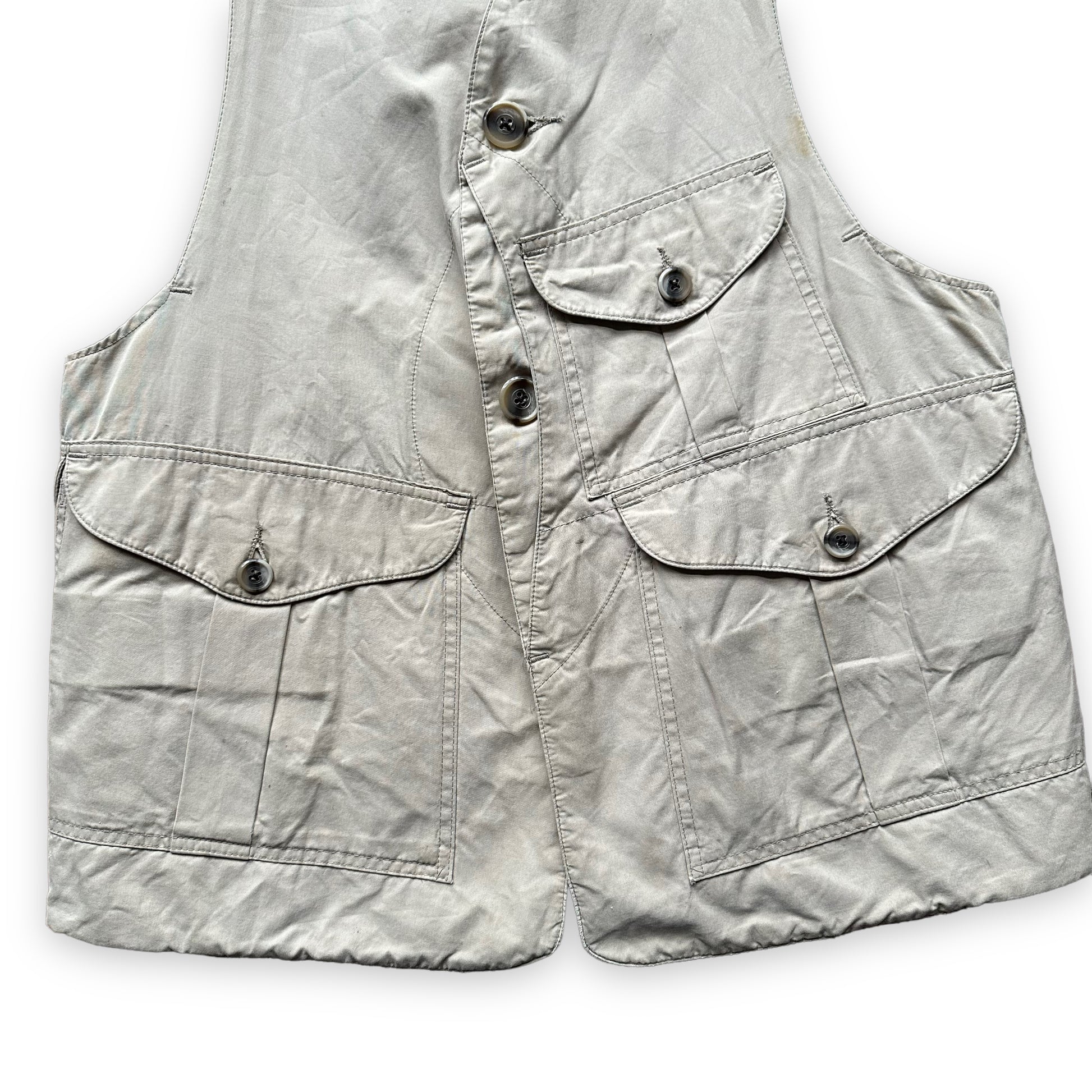 Lower Front View of Filson Half Moon Vest With Leather Additions SZ M |  Vintage Filson Seattle | Barn Owl Vintage Seattle