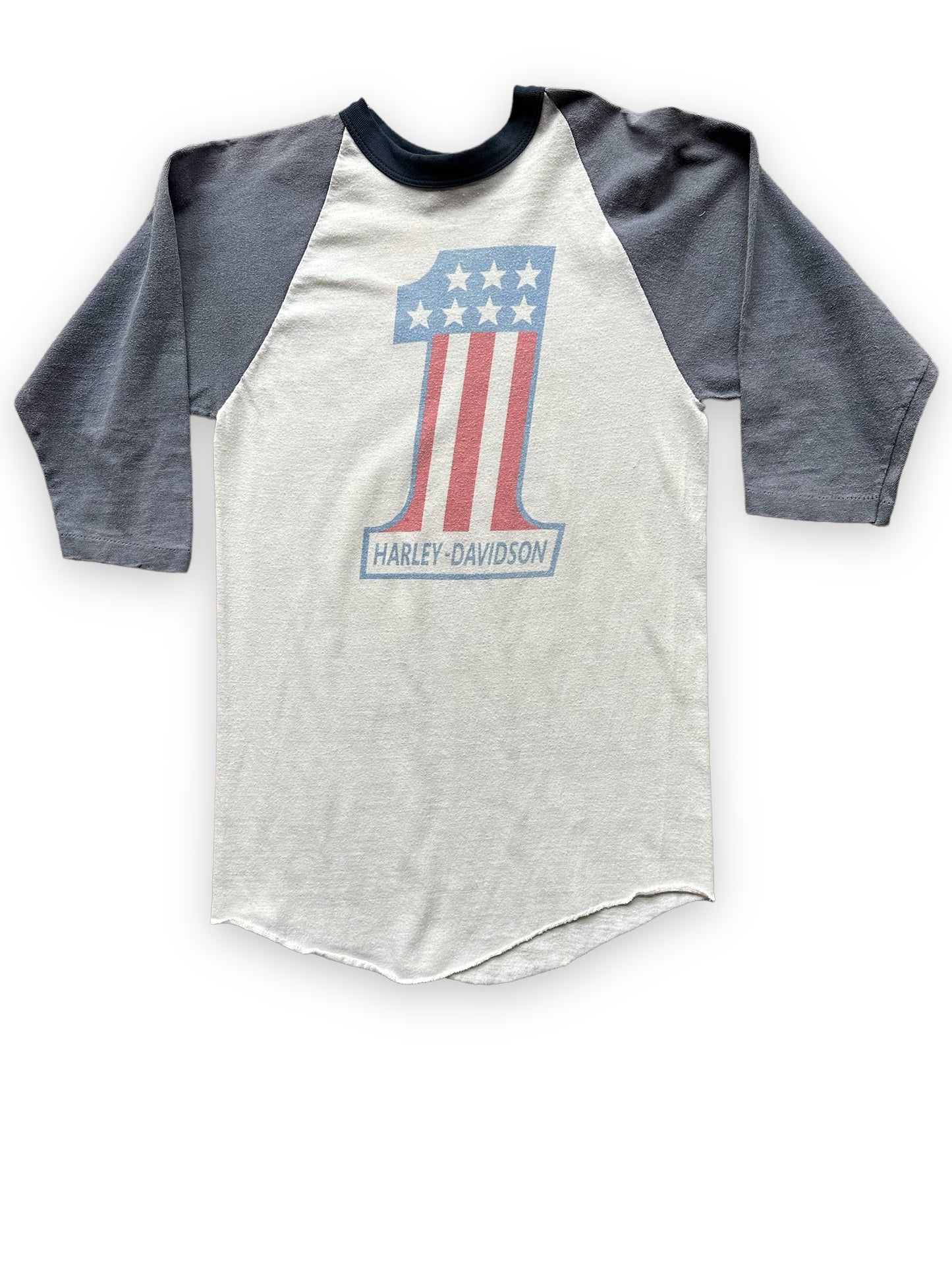 Front View of Vintage 1970s/80s Harley Davidson #1 Raglan Shirt SZ M | Vintage Harley Raglan Tee | Barn Owl Vintage Seattle
