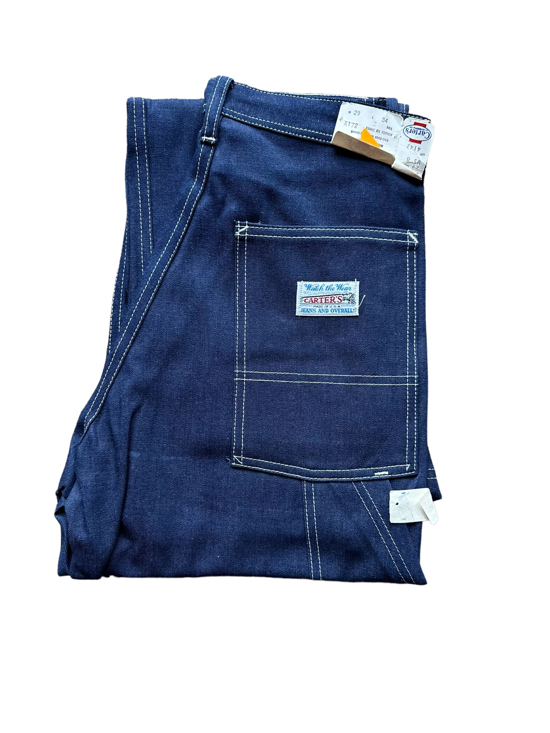 Folded Rear View on NOS Vintage Carter's Carpenter Dungarees W29 L34 | Vintage Denim Workwear Seattle | Barn Owl Vintage Clothing