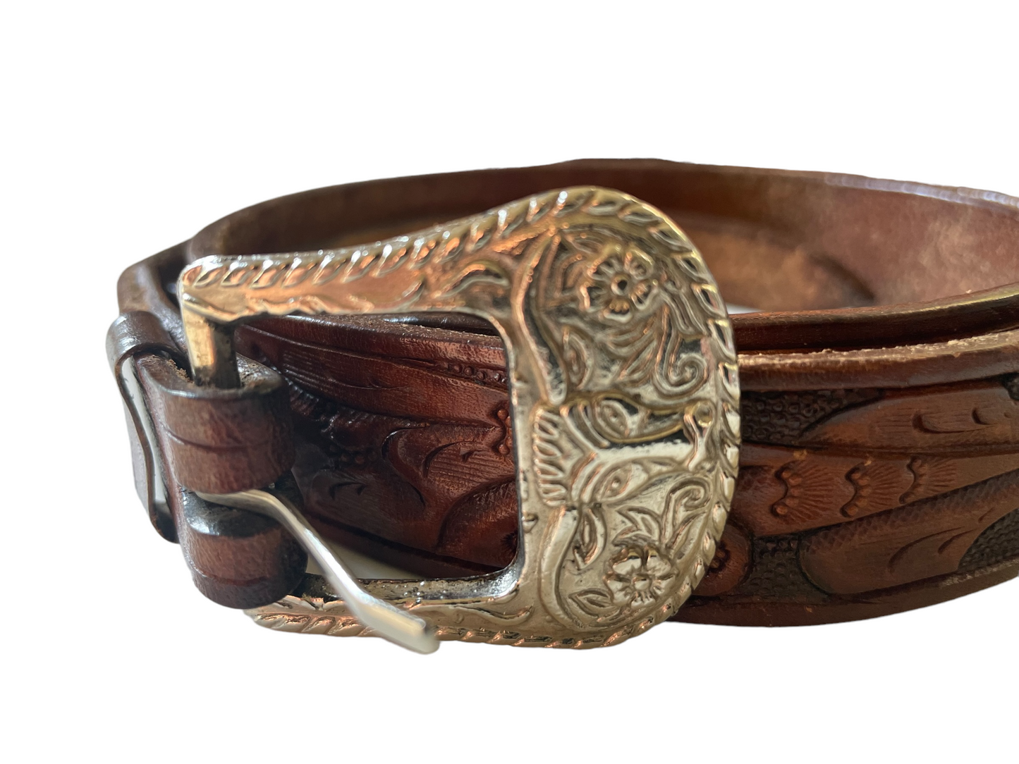 Vintage Tooled Leather Belt with Silver Plated Buckle | Barn Owl Vintage | Seattle True Vintage