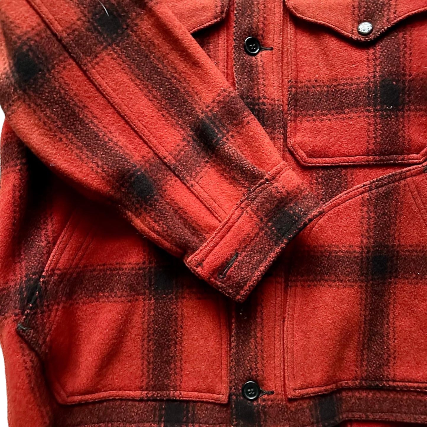 Right Sleeve View on Vintage 75% Red Filson Hunter Wool Jacket SZ 42 | Vintage Workwear Seattle