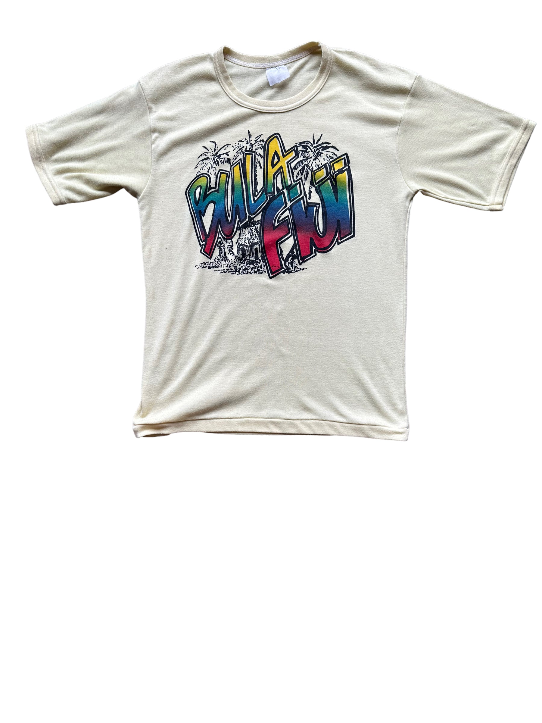 Front View of Vintage Bula Fiji Yellow Graphic Tee SZ L | Vintage T-Shirts Seattle | Barn Owl Vintage Tees Seattle