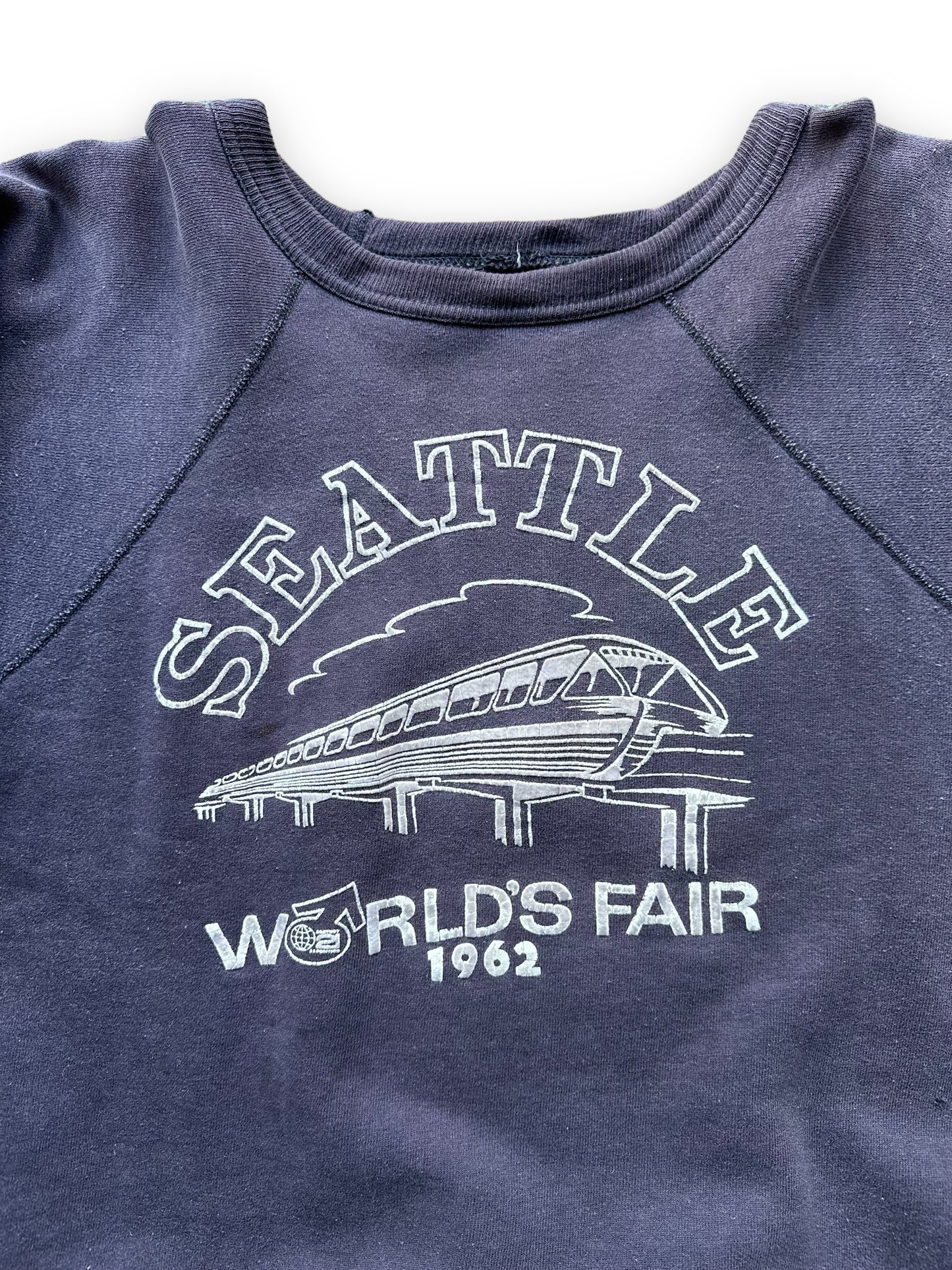 Flocked Graphic Close Up on Vintage Original Flocked Seattle World's Fair 1962 Navy Blue Crewneck | Vintage Sweatshirts Seattle | Barn Owl Vintage