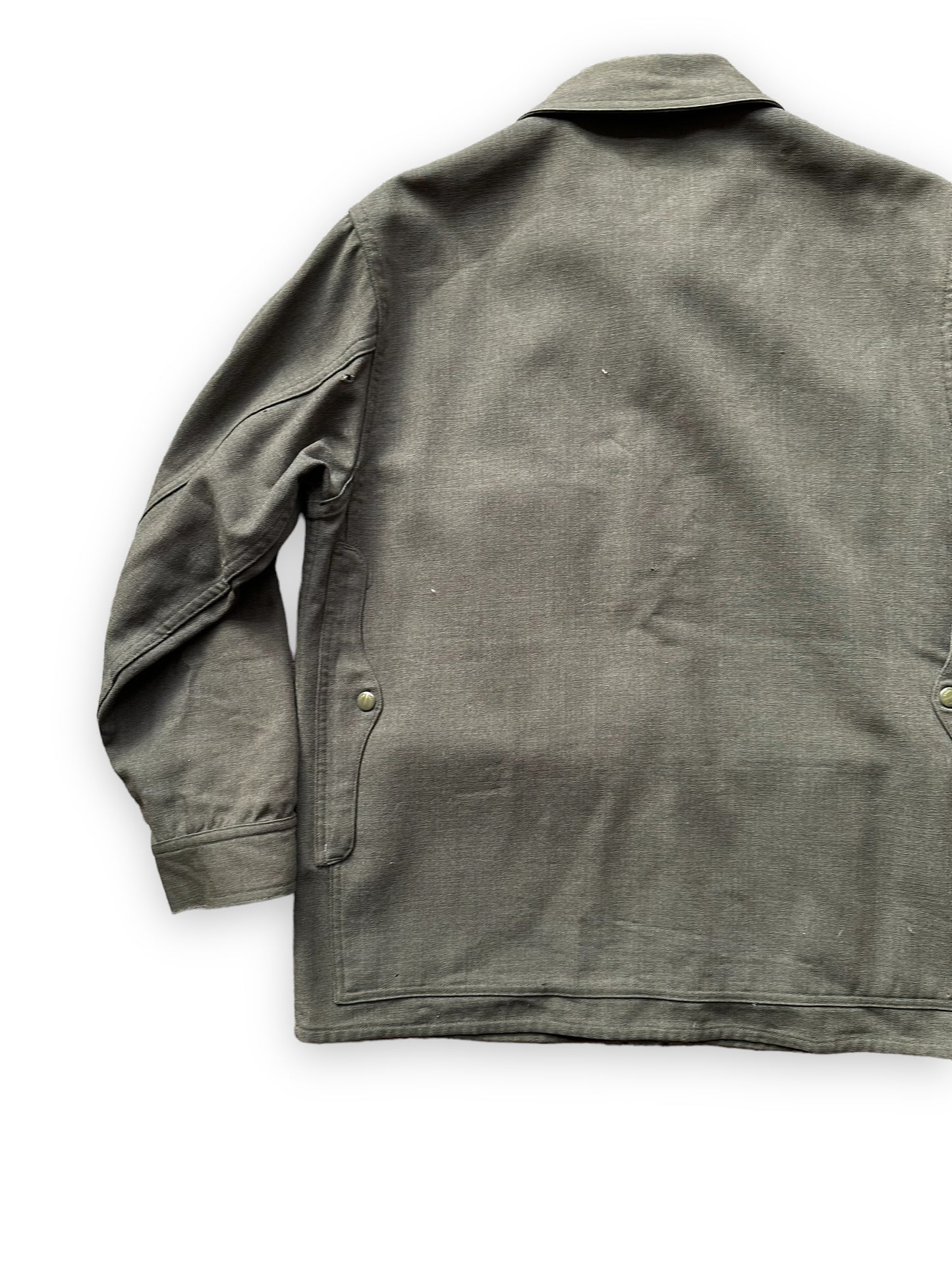 Left Rear View on Vintage Union Made Era 50s Filson Forestry Cloth Cruiser SZ 44 | Barn Owl Vintage Goods | Vintage Workwear Seattle