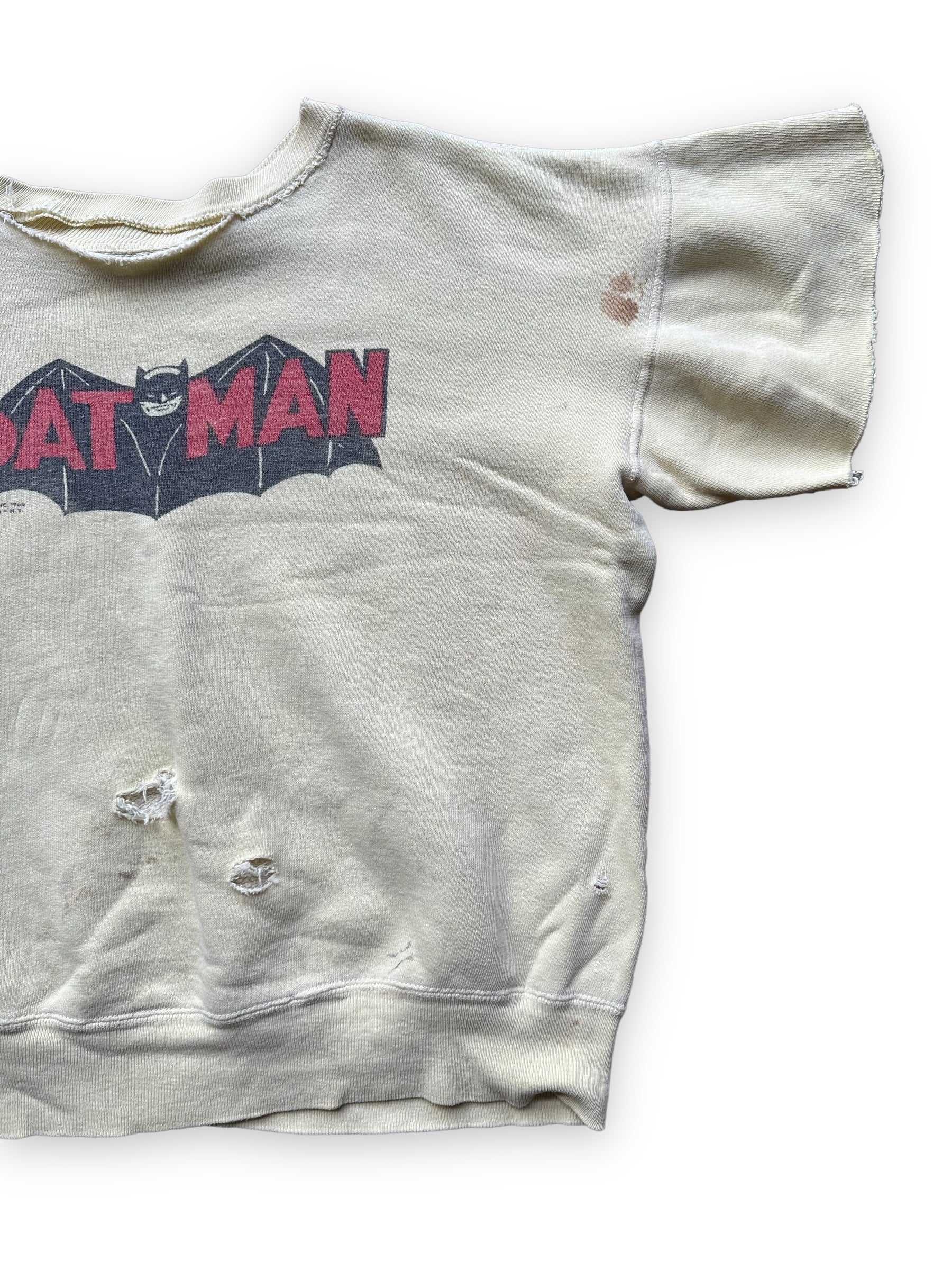 Front Left View of Vintage 1960s Yellow Batman Sweatshirt SZ M | Vintage Crewneck Sweatshirts Seattle | Barn Owl Vintage Seattle