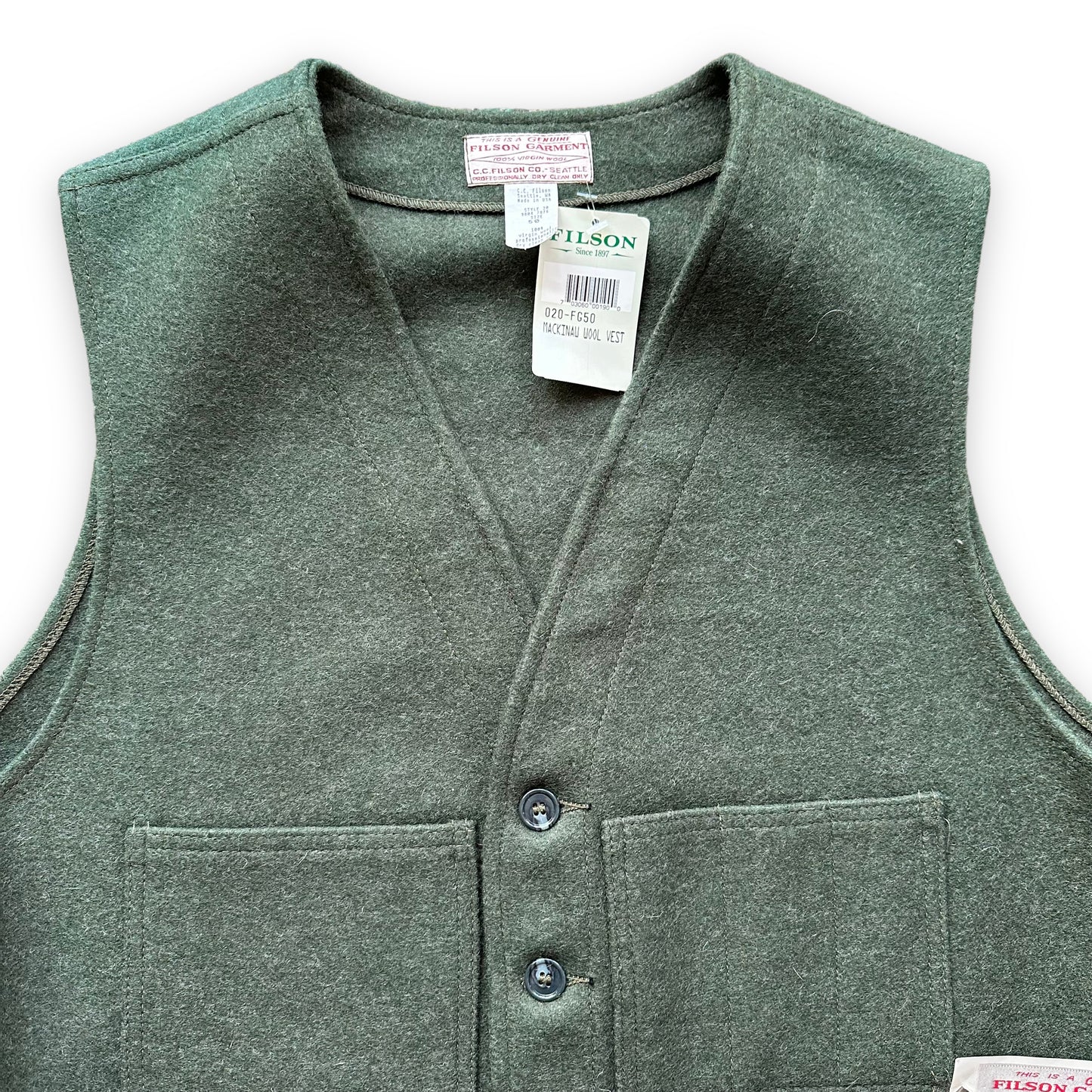 Upper Front View of Deadstock Vintage Forest Green Mackinaw Vest SZ 50 | Barn Owl Vintage Goods | Vintage Workwear Seattle
