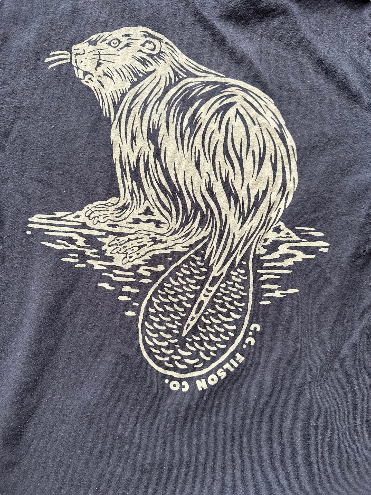 Close Up of Beaver Graphic on Rear of Filson Black Beaver Tee SZ XS | Barn Owl Vintage Goods | Filson Graphic Tees Seattle