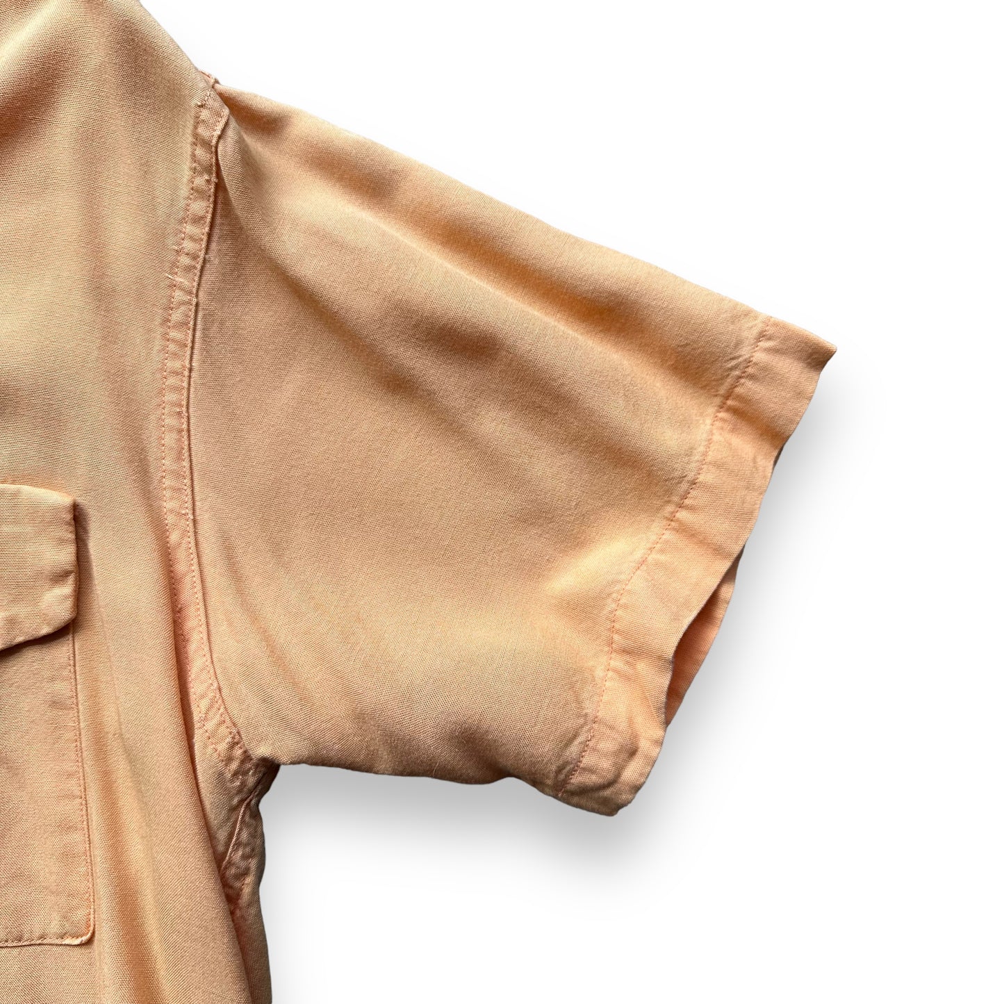 Left Sleeve View on Vintage Nat Nast Peach Colored Chainstitched Bowling Shirt SZ M | Vintage Bowling Shirt Seattle | Barn Owl Vintage Seattle