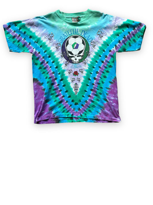 Front View of Vintage Grateful Dead Liquid Blue 1990 Olympic Velodrome Tour Tee SZ L |  Vintage Tie Dye Grateful Dead Tee Seattle | Barn Owl Vintage