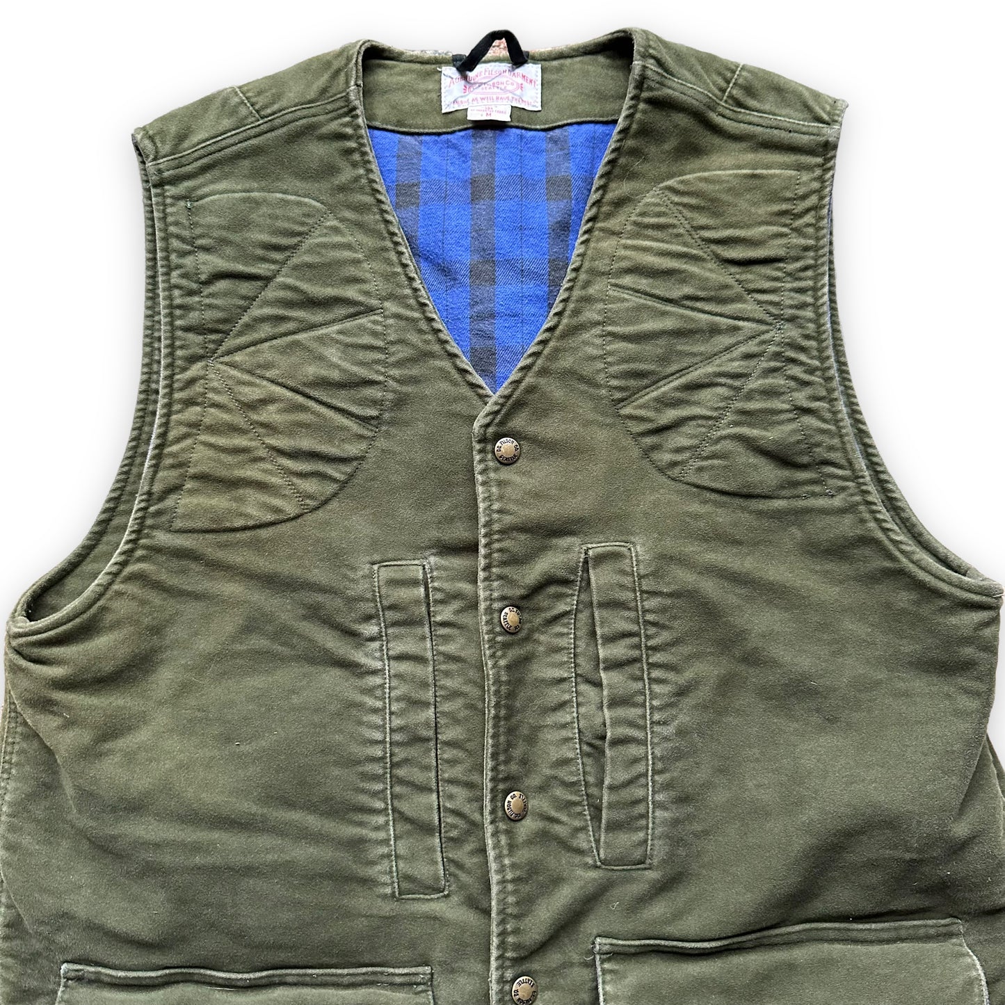 Upper Front View of Filson Flannel Lined Moleskin Vest SZ M | Barn Owl Vintage Goods | Vintage Filson Workwear Seattle
