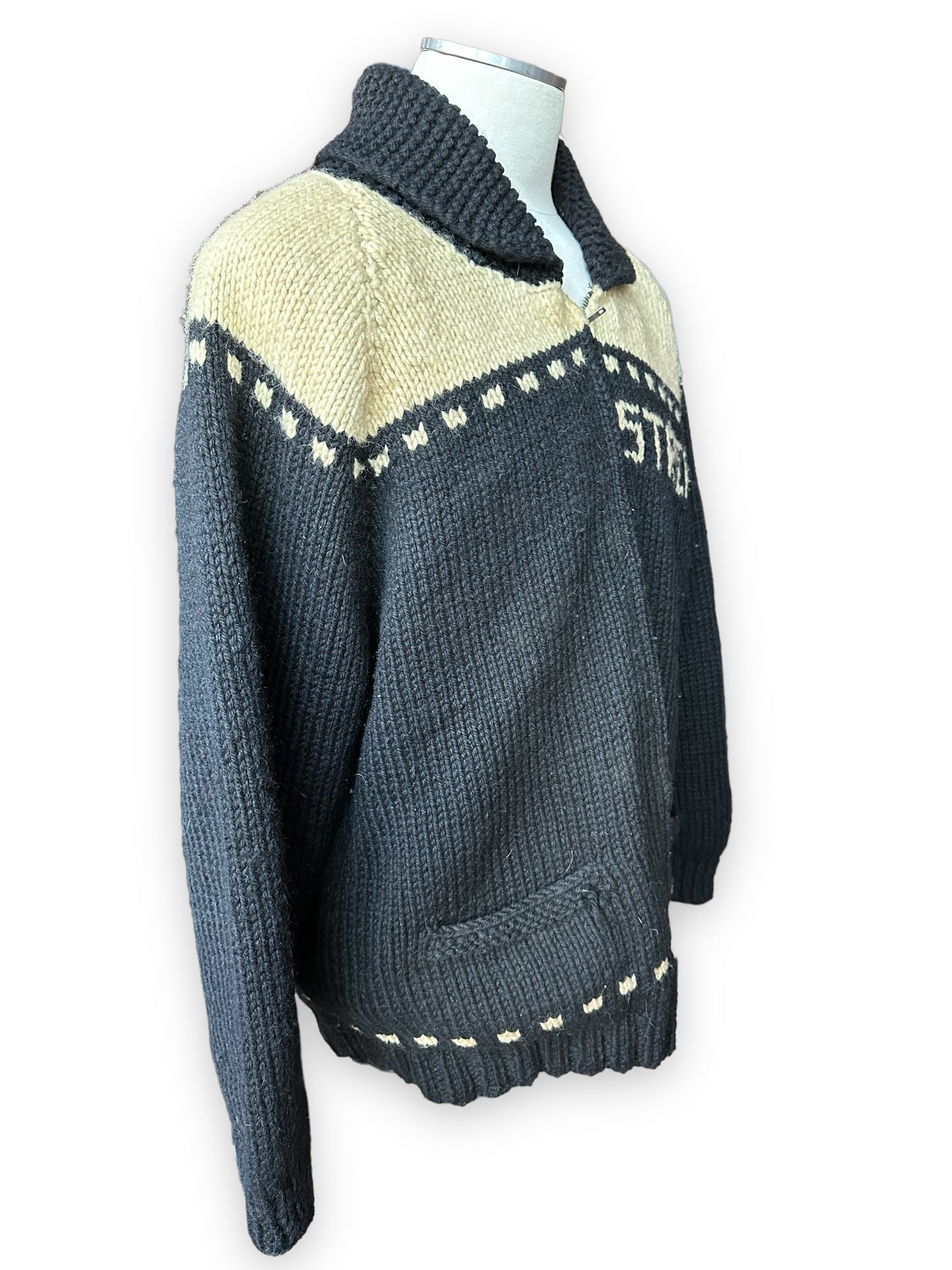Front Right Quarter View of Vintage Trucker Wool Cowichan SZ XL | Vintage Cowichan Sweaters Seattle | Barn Owl Vintage Seattle