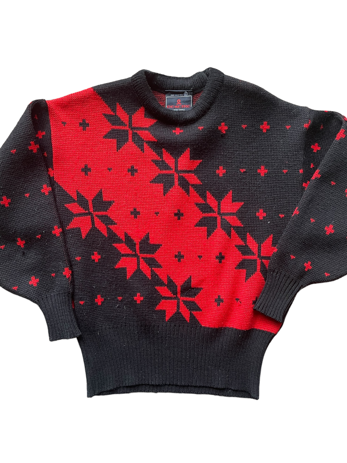 Front Flat View of Vintage 1980s Demetre Wool Ski Sweater | Barn Owl Vintage | Seattle Vintage Sweaters