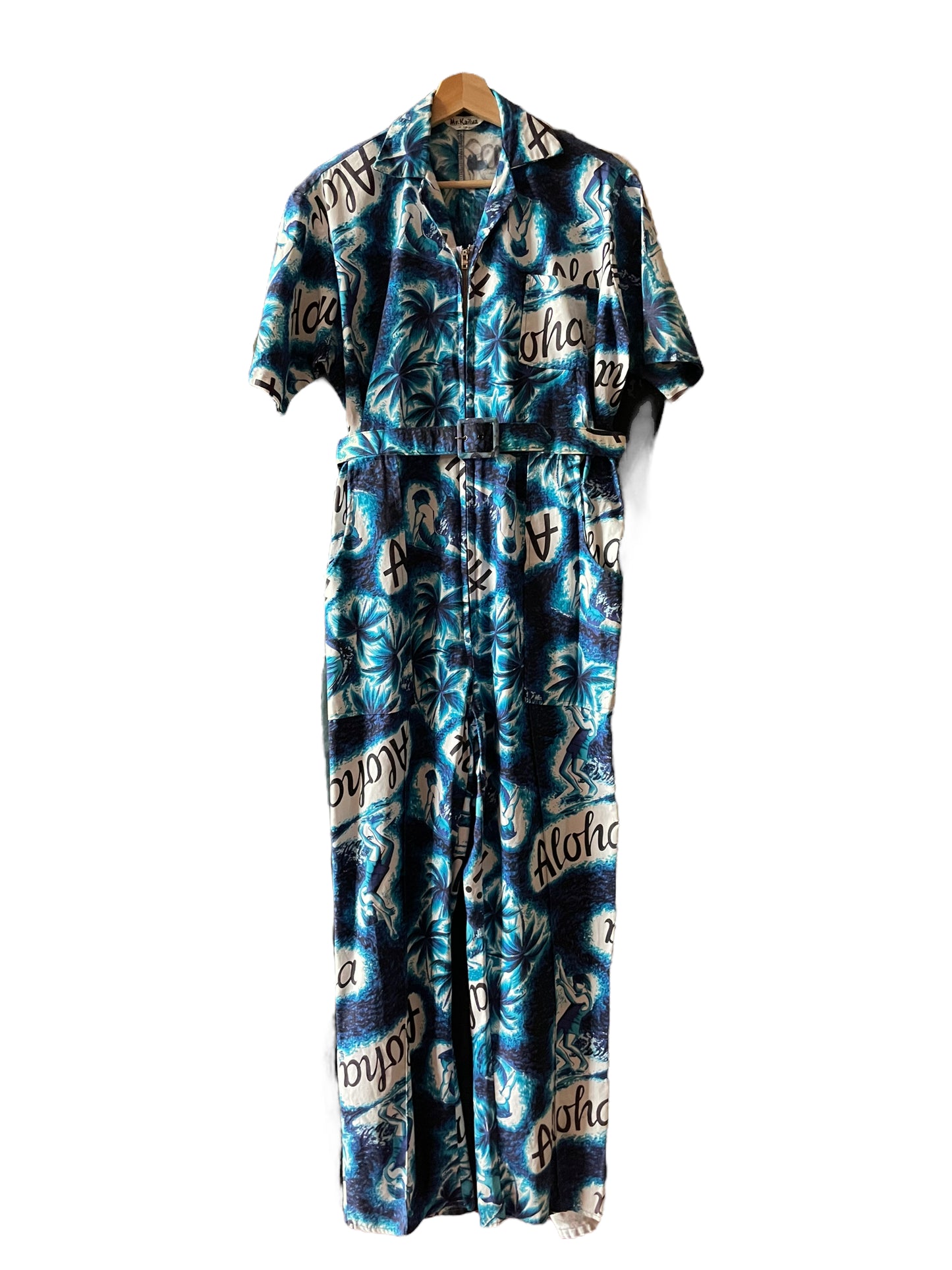 Full front hanging view of Vintage 1950s Mr. Kailua Hawaiian Jumpsuit SZ M-L